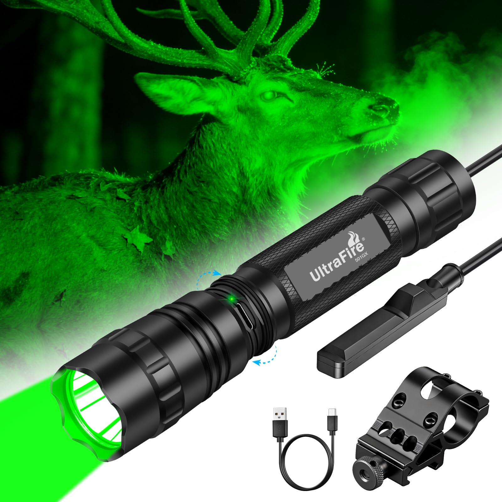 ULTRAFIRE 501GX Grünes LED-Jagd-Taschenlampen-Set, 600 Lumen, 520-530 nm