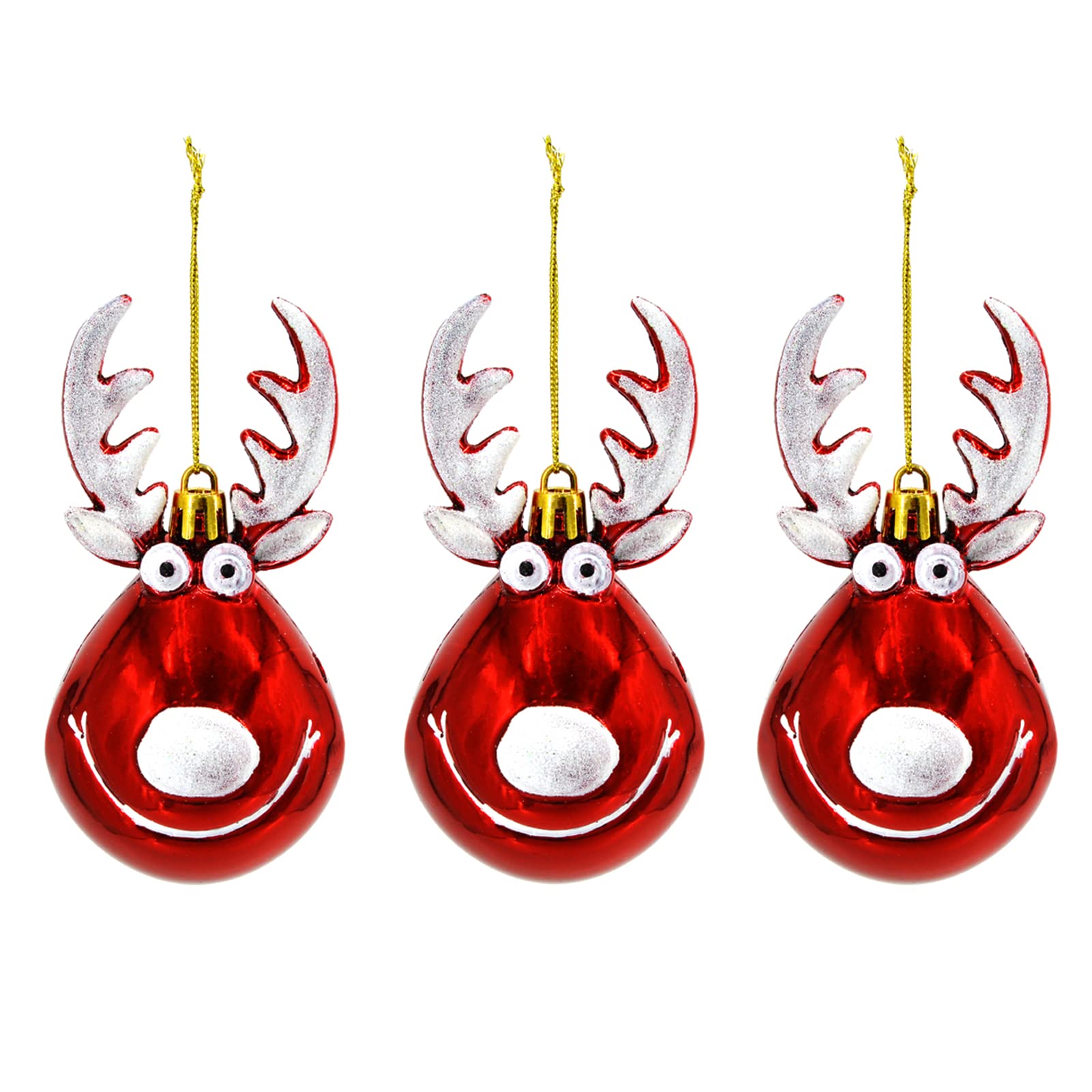 Fassory 3 Pcs Deer Shaped Christmas Baubles, Christmas Ornament Hanging Tree Decorations, Xmas Tree Pendants (Deer Red)