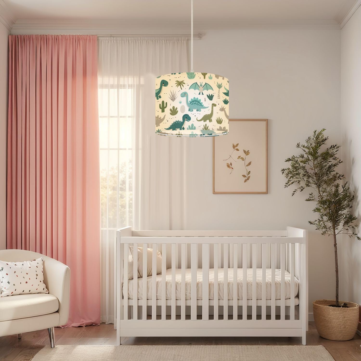 Plug in Pendant Light Cute Cartoon Dinosaur Green Teal Dinosaurs Tropical Plants Hanging Light with Plug in Clear Cord Dimmable Switch Linen Shade Hanging Lamp Fixture for Bedroom Kitchen