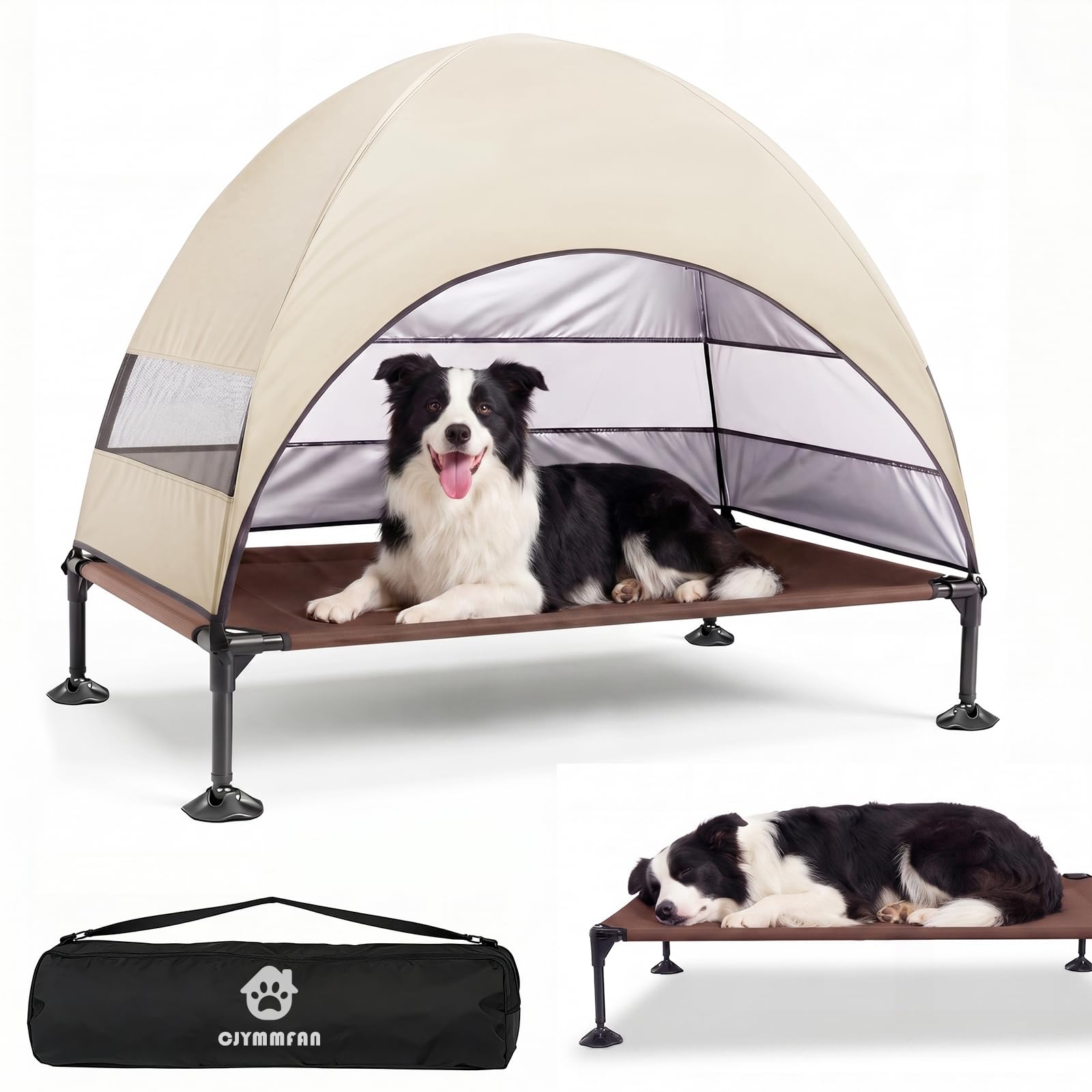 Cuccia rialzata per cani da esterno con tetto, pieghevole con piedini antiscivolo, tenda per cani da esterno con grande ombra, per il campeggio, il giardino, la spiaggia e la piscina (Cachi, L)