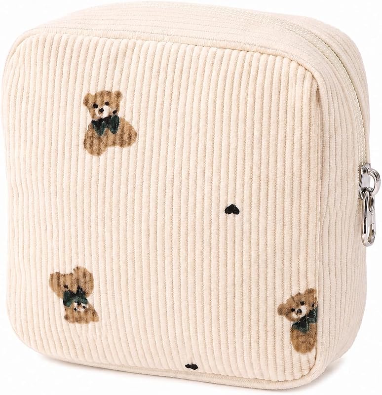 Necessaire de Maquiagem em Veludo Cotelê Ritpviq com Estampa de Urso, Bege