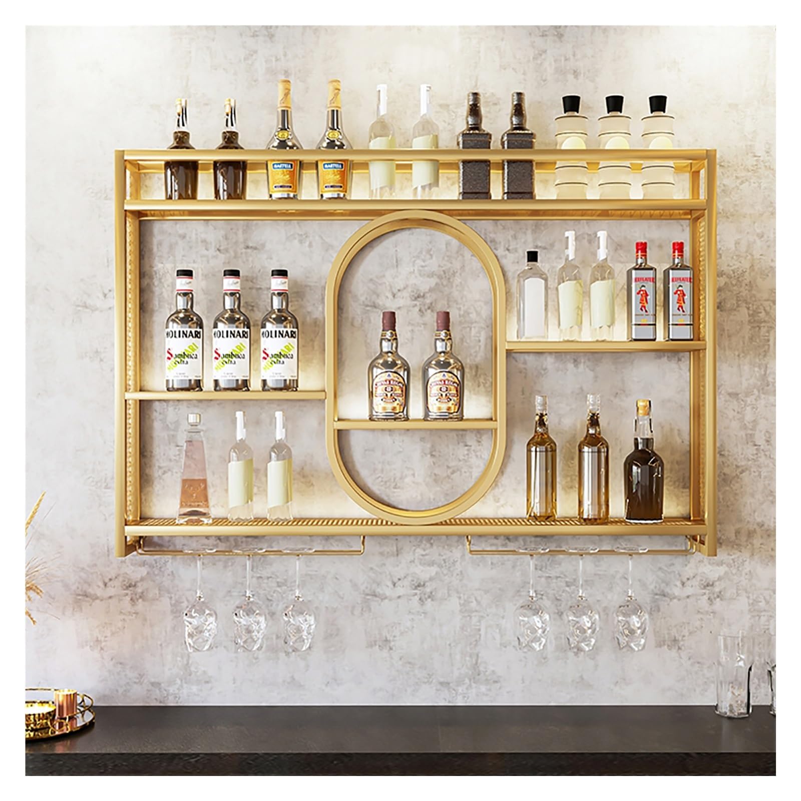 Casier à vin mural avec LED et porte-verre étagère de bar en métal