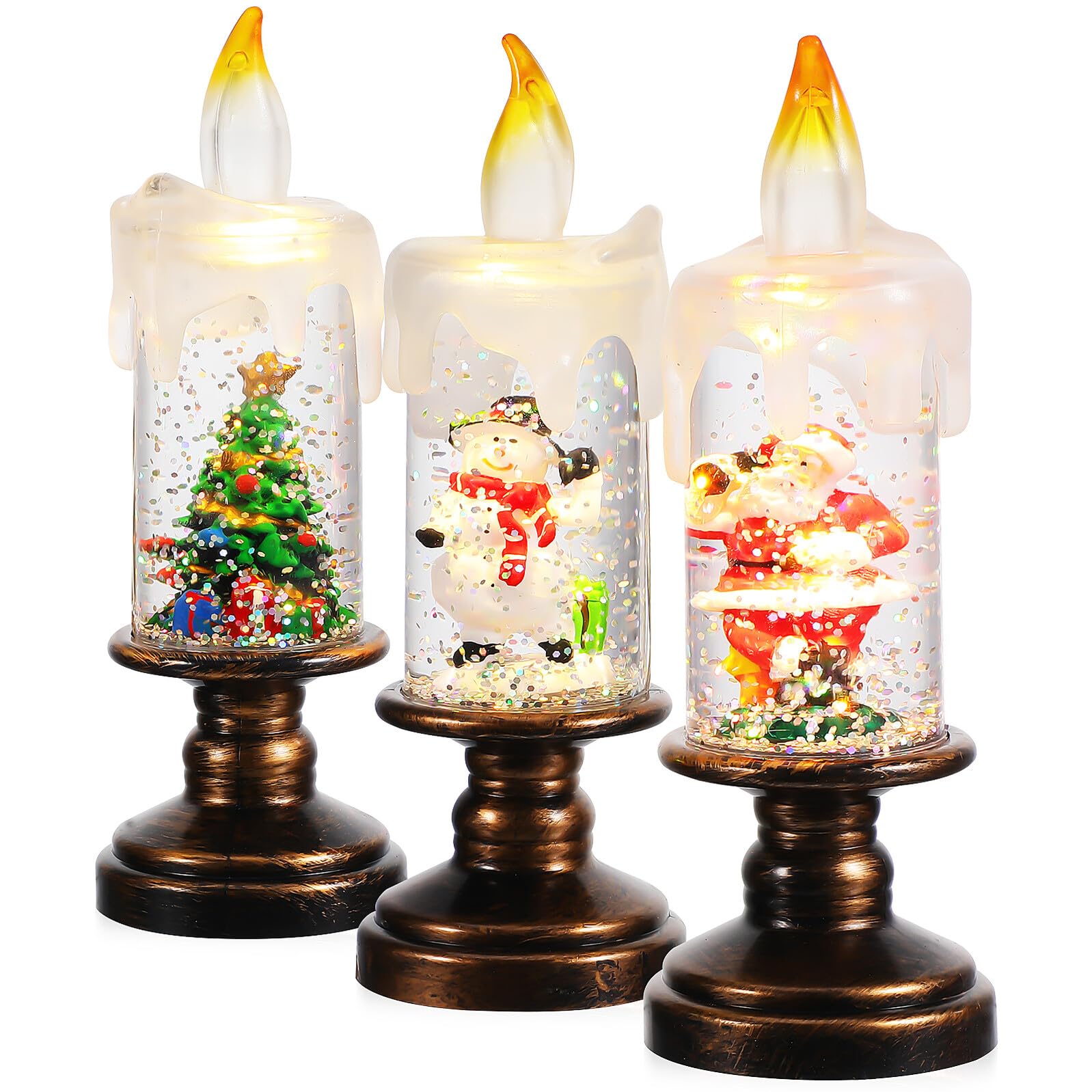 iplusmile 3 Pezzi Globi di Neve Natalizi con Candele da Finestra Fiamma LED Realistica Candele Scintillanti per Decorazioni Natalizie Centrotavola