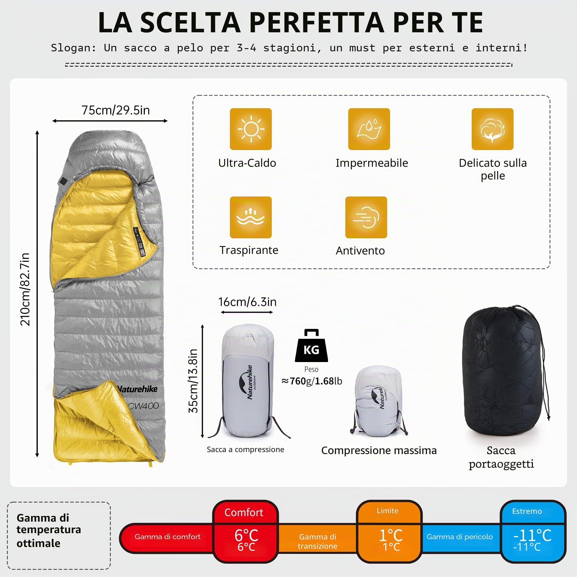 Naturehike Sacco a Pelo In Piuma d'Oca 750FP Sacco a Pelo In Piuma d'Oca Invernale Caldo 4 Stagioni Sacco a Compressione Speciale Da Campeggio Ultraleggero Portatile