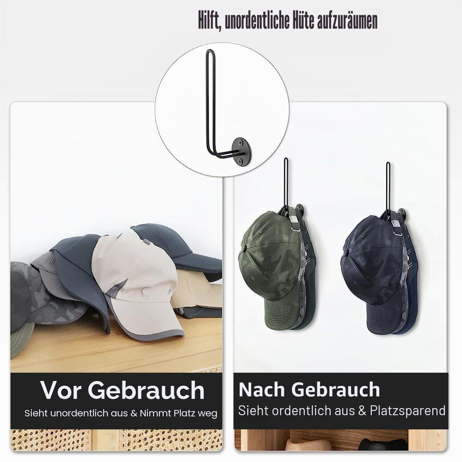 Cap Halterung Wand Kappenhalter Hutablage Garderobe Baseballmützen, 2 Stück Hutständer Huthalter Mützen Aufbewahrung wand, für Schals Handtaschen Handtücher Kleidung Krawatten