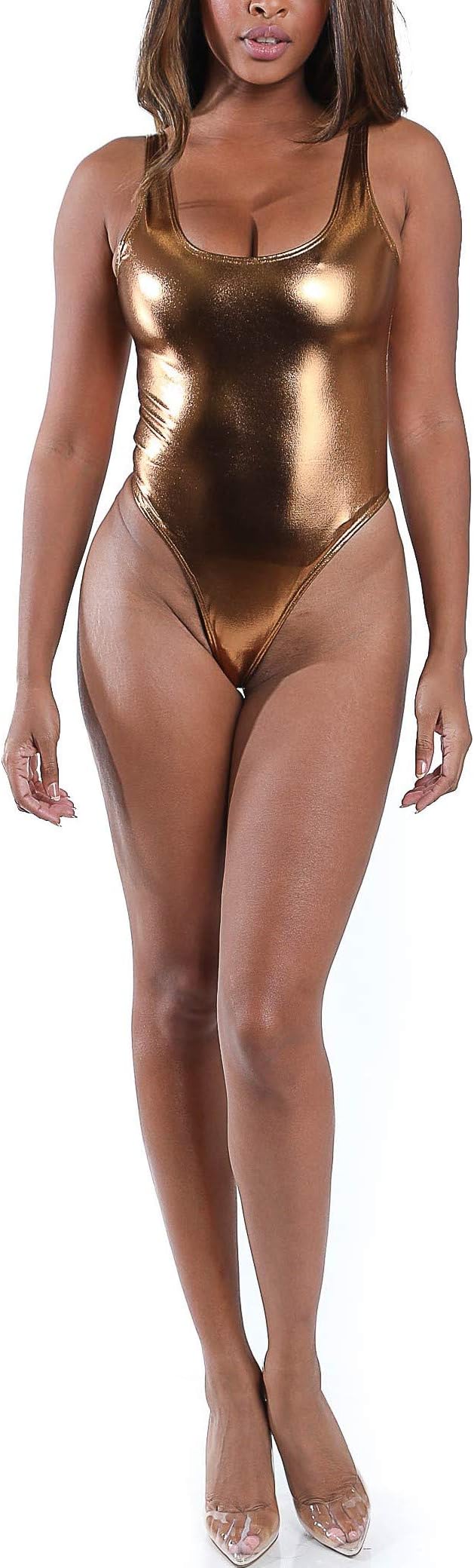 Karies Womens Sexy Backless Shiny Metallic Spandex and Racerback Fishnet Thong Bodysuit(NJ3353/NJ3206/NJ3068)