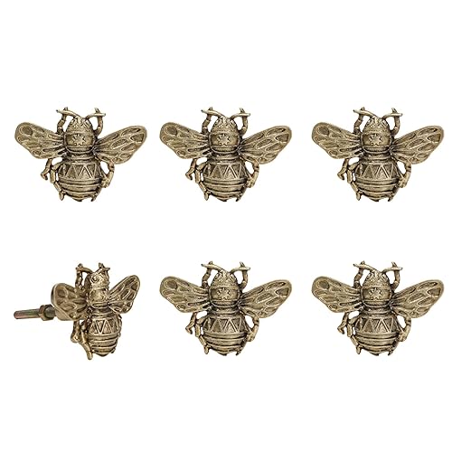 SOFFEE DESIGN Set of 6 Vintage Matte Gold Pewter Cabinet Knobs, Decorative Metal Bee Shape Knobs Pull Handle for Door Cabinet Drawer, Antique Dresser Knobs Home Furniture Handle