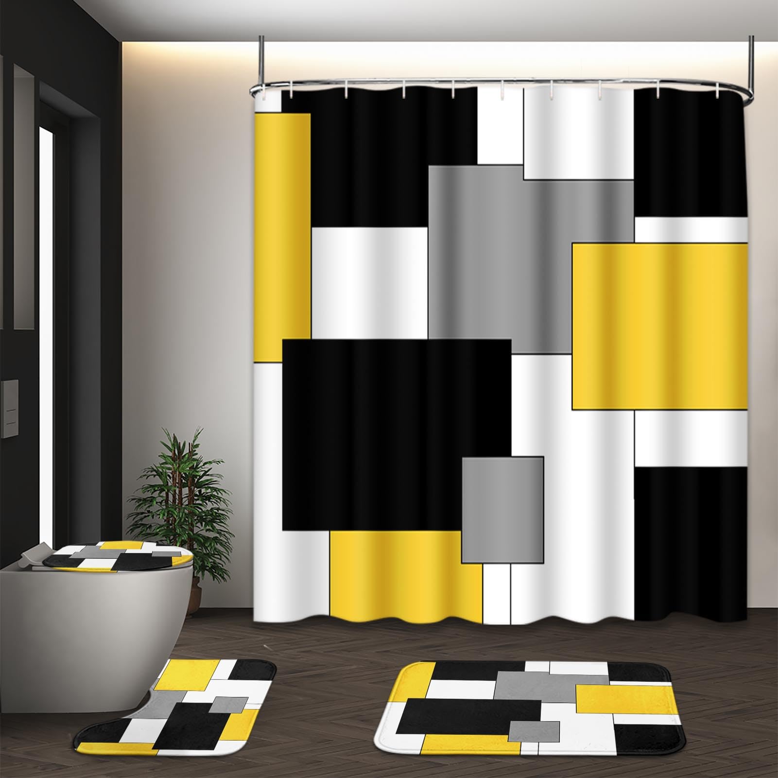 Juego de cortina de ducha geométrica amarilla con cubierta de tapa de inodoro y alfombras antideslizantes para baño, cortina de ducha de 4 piezas, juego de baño abstracto moderno con 12 ganchos