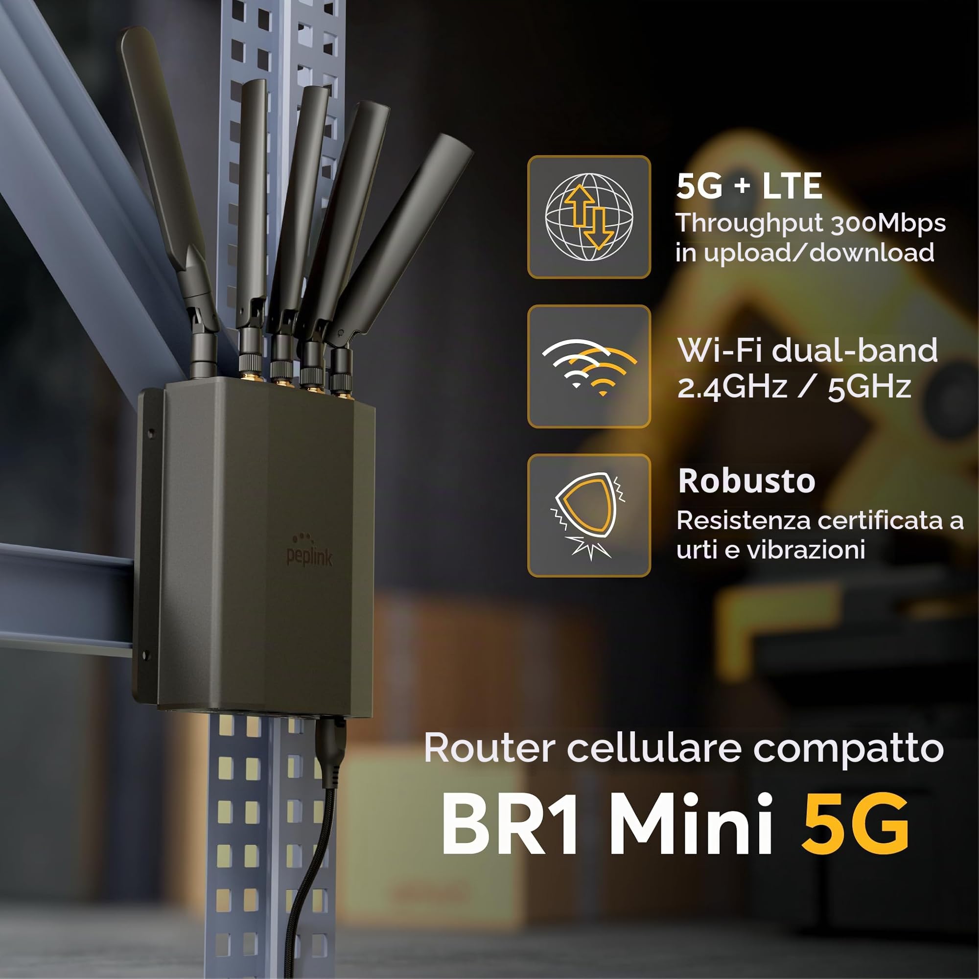 Peplink Router Wi-Fi cellulare MAX BR1 Mini - Router 5G 5G/LTE Modem cellulare 3 Connessioni LAN Ethernet (con Wi-Fi) Slot SIM ridondanti, eSIM integrata aggiornabile a Dual WAN VPN Capable