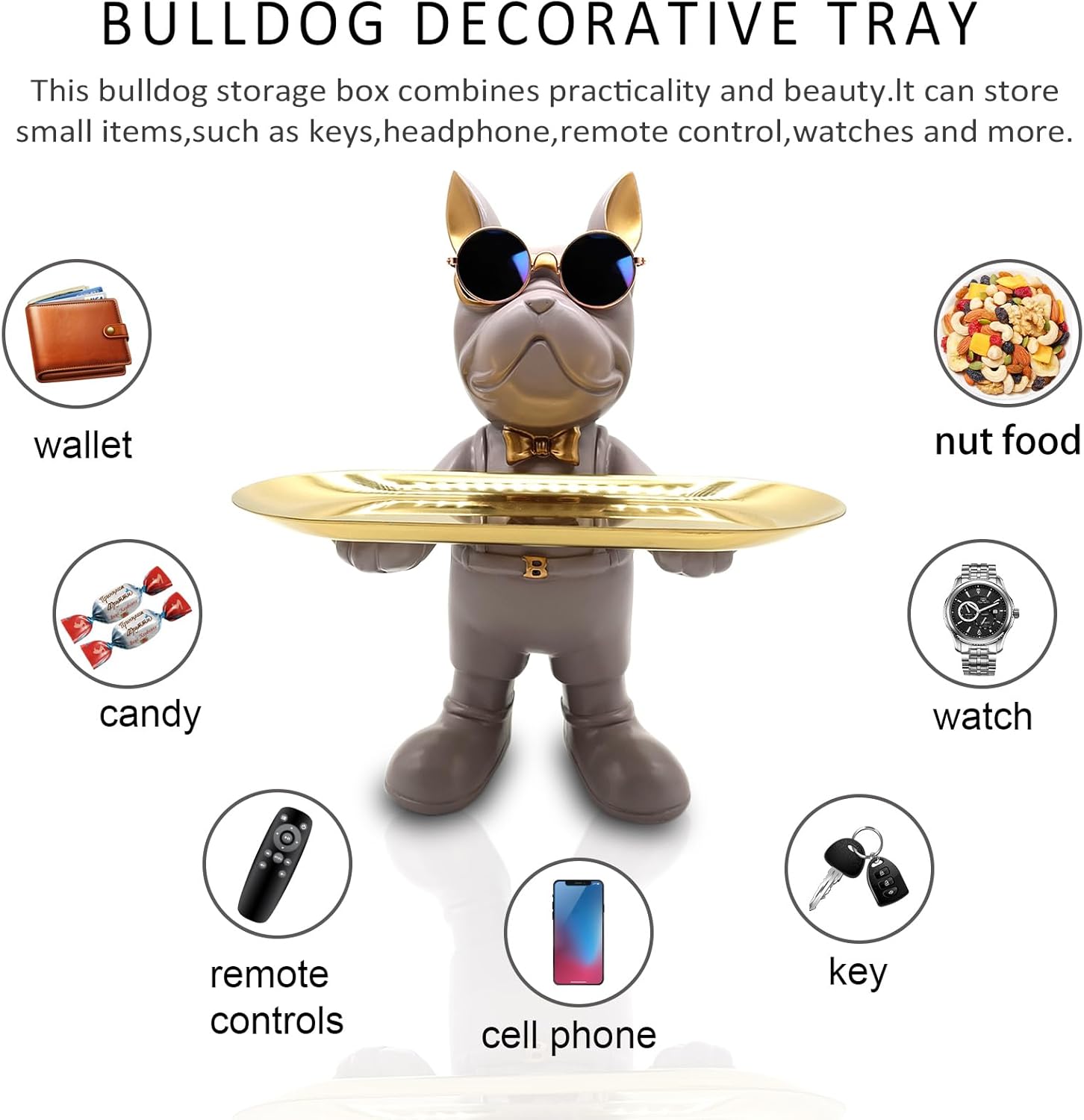 Huhote Bulldog Tray Statue, Standing Bulldog Candy Dish Key Holder Bowl, Resin Statue for Office Desk Home Decor Figurine Entryway Table Decor (Purple Grey)