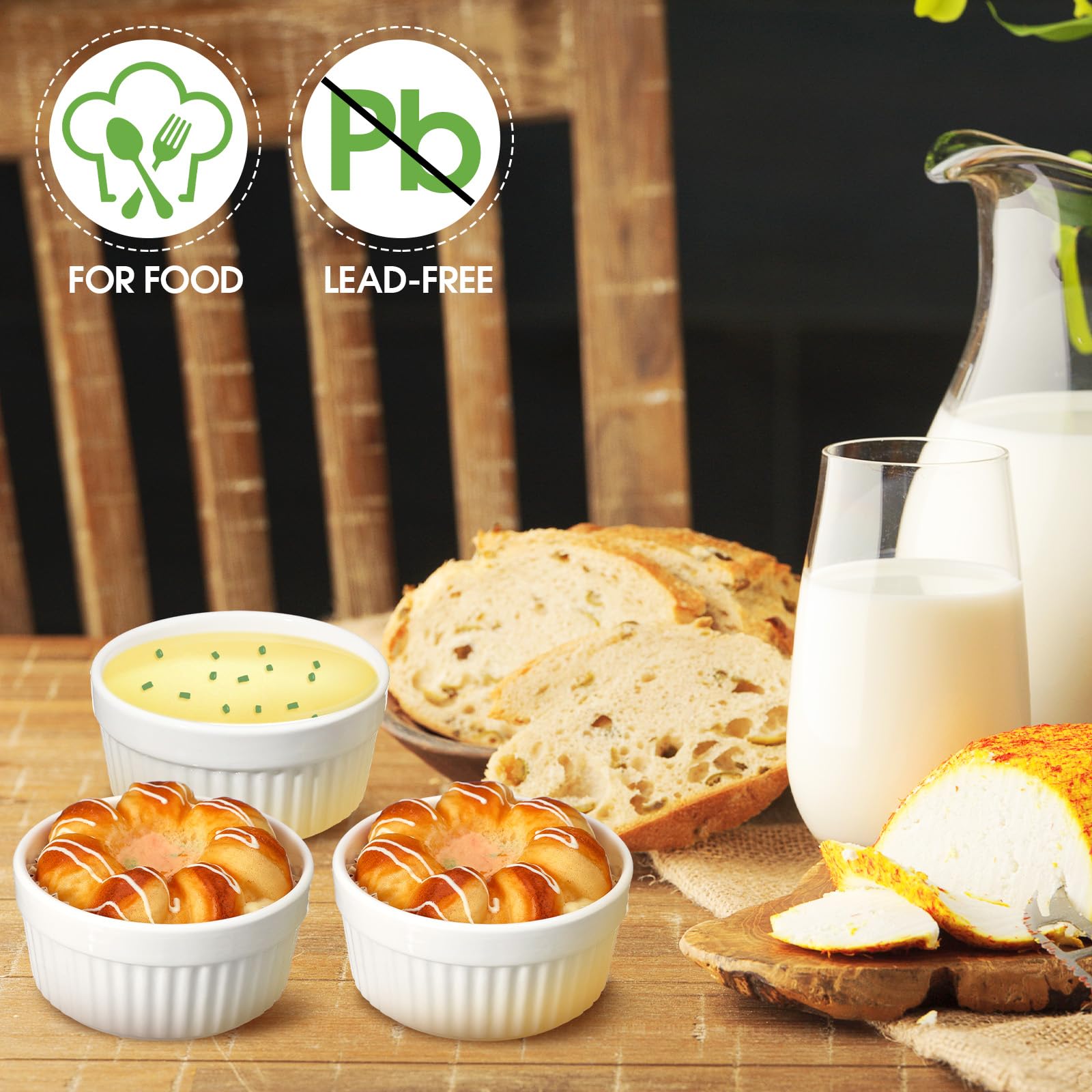 Paquete de 12 ramequines blancos de 6 onzas con tapas, porcelana apta | Cuencos de cerámica para crema brulee, natillas, pudín, platos blancos apilables, aptos para lavavajillas, para hornear
