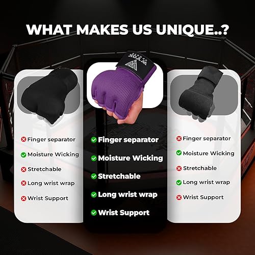 Miniatura 6 de WYOX Guantes interiores de boxeo de gel para hombres y mujeres, correa rápida de muñeca de 31.5 in, soporte acolchado para nudillos, MMA sin dedos,
