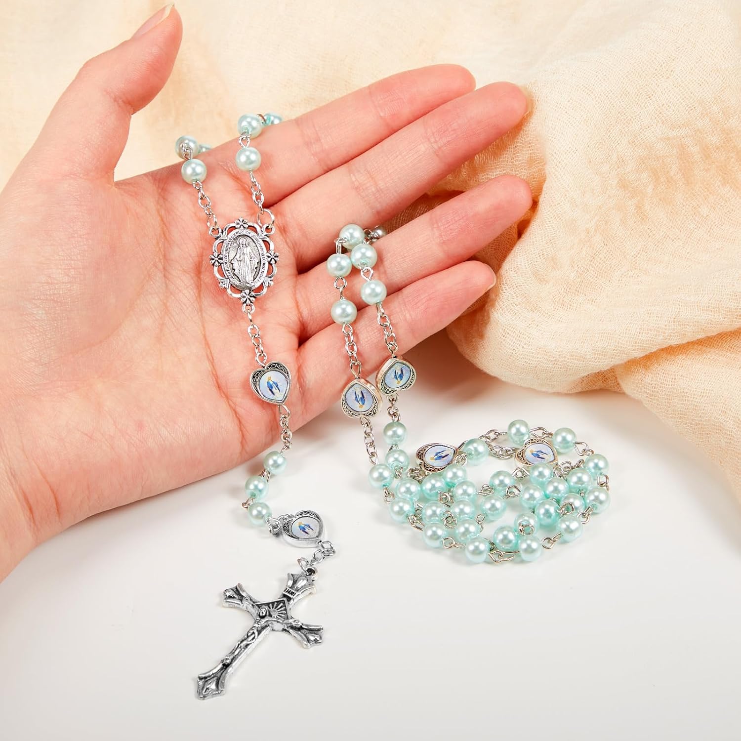 ROCEEI Catholic Glass Pearl Beads Rosary Necklace 6 mm Beaded Cross Necklace with Crucifix and Rosary for Women