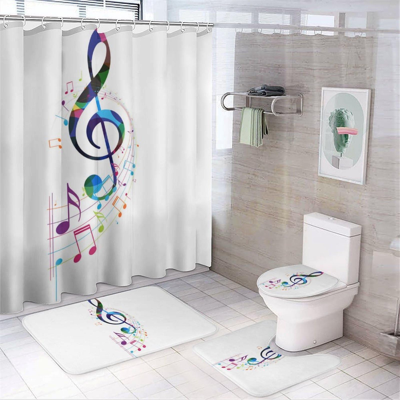JZemdybill Bathroom Mat Set 4 Piece, Colorful Music Notes Shower Curtain with Non-Slip Bath Mats for Bathroom