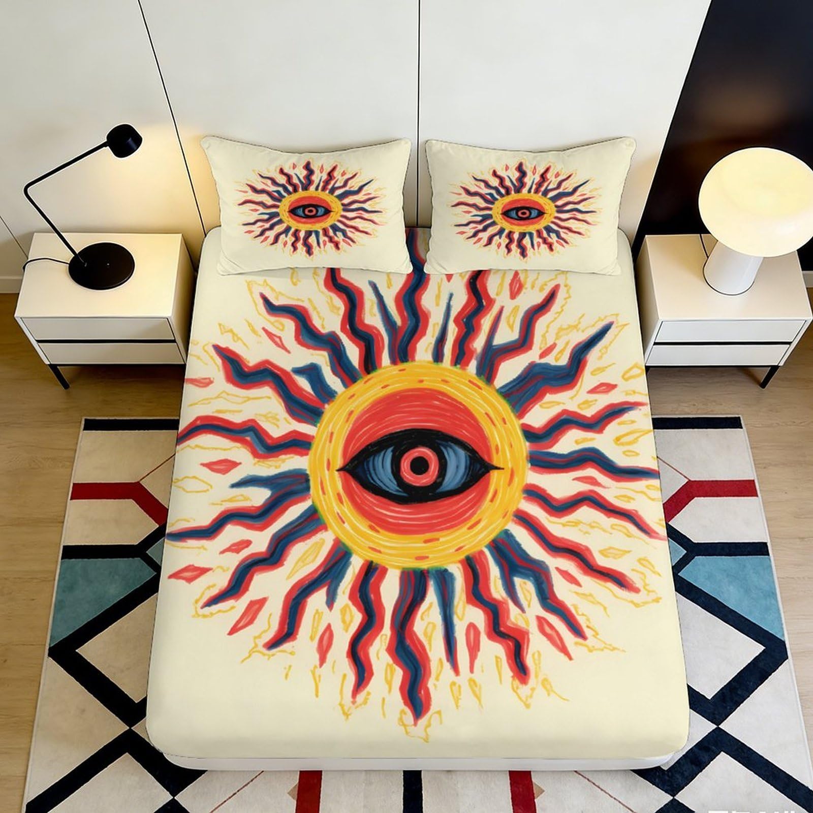3D Printed Abstract Eye Fitted Sheet Microfiber Soft Durable Sun Pattern Bed Sheet for Bedroom Dormitory Guest Room Mattress Protection Decor 140x200x25cm