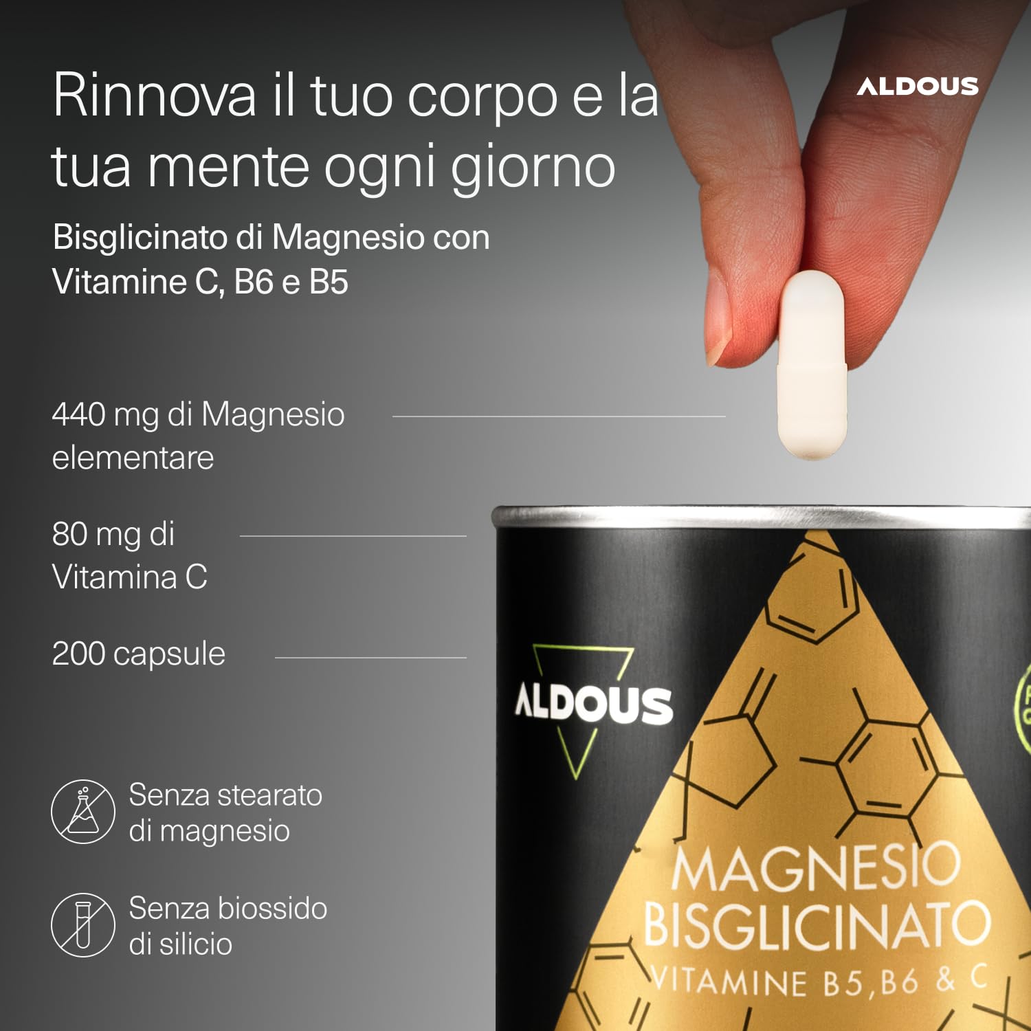 Magnesio Bisglicinato – 200 Capsule – Vitamina C, B6, B5 – Magnesio Altamente Biodisponibile – Vitamine per la Stanchezza e l’Affaticamento – Ossa e Articolazioni, Muscoli – Magnesio Glicinato