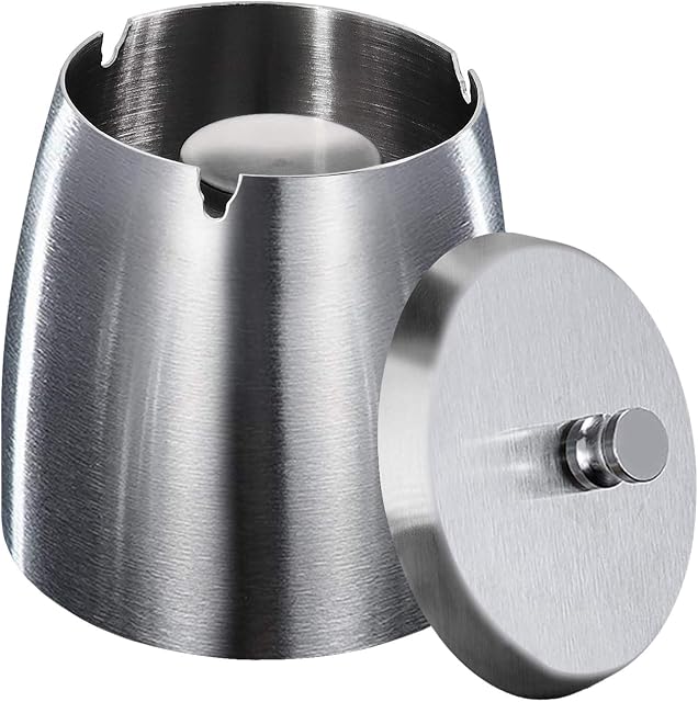 HONZUEN Stainless Steel Ashtray with Lid, Ashtray Outdoor, Windproof Rainproof Ashtrays for Cigarettes, Metal Ash Trays with Lids Outdoors, Easy to Clean, Ash Holder for Smokers Garden Bar, Medium