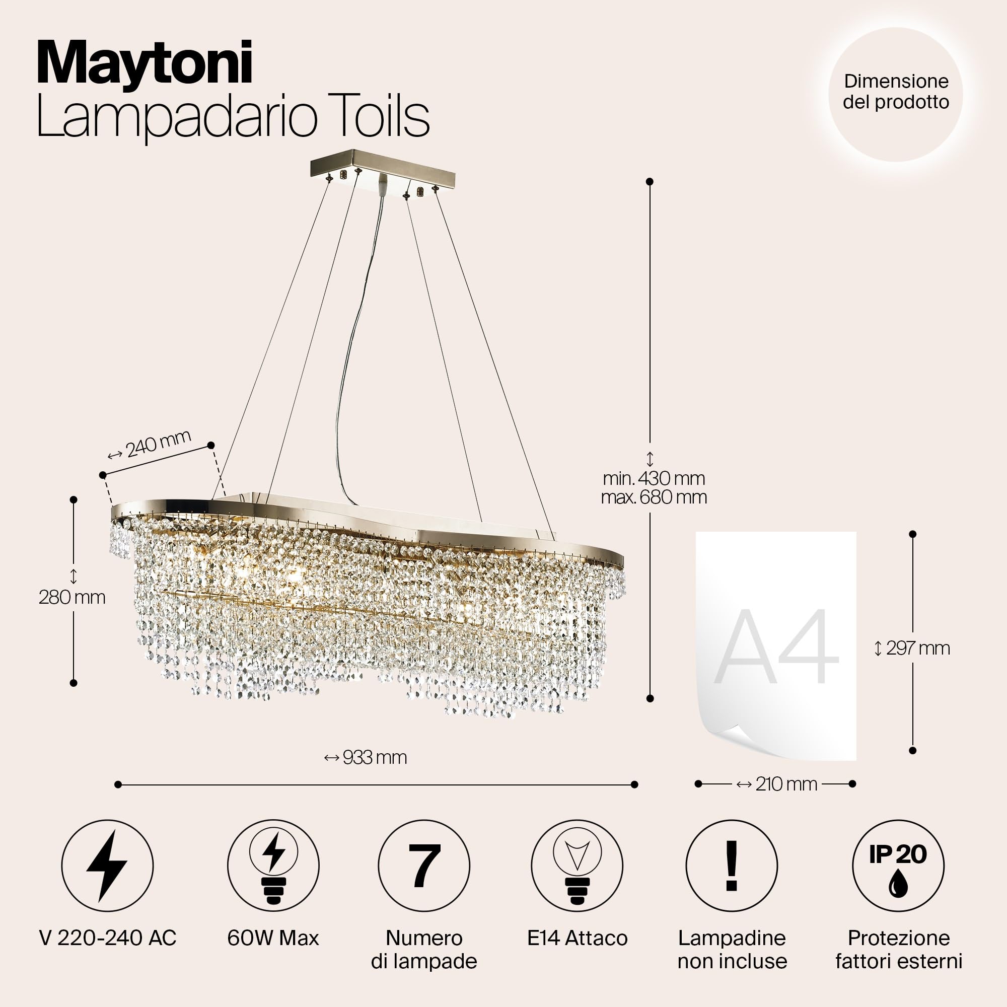 Lampadario Toils, Colore Oro, finitura cromata, E14x7, non incl.