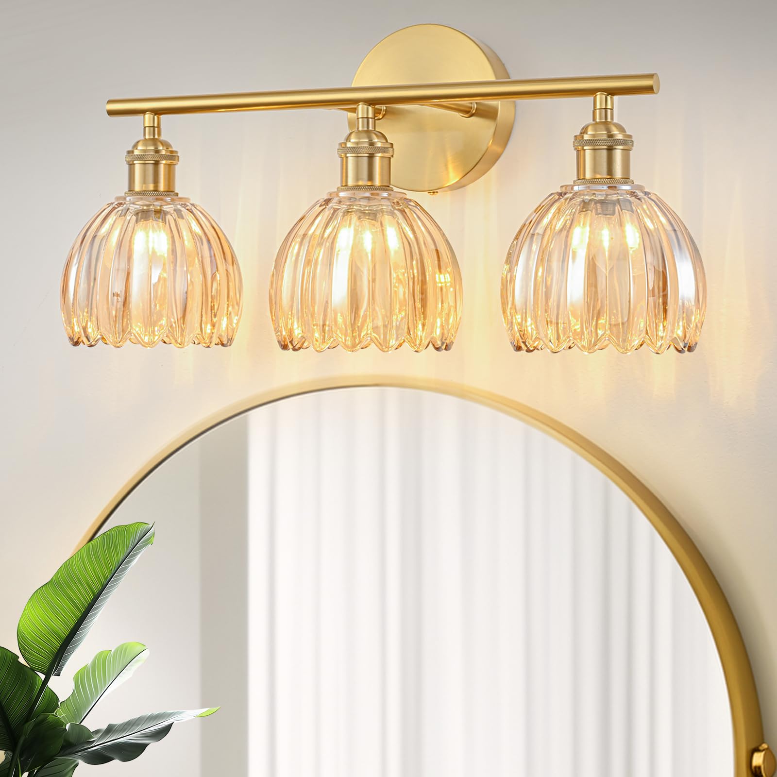 Gold Bathroom Light Fixtures Over Mirror, 3 Light Bathroom Vanity Light with Tulip Amber Glass Lampshade, Vintage Vanity Lights for Bathroom, Bathroom Vanity Lights Over Mirror