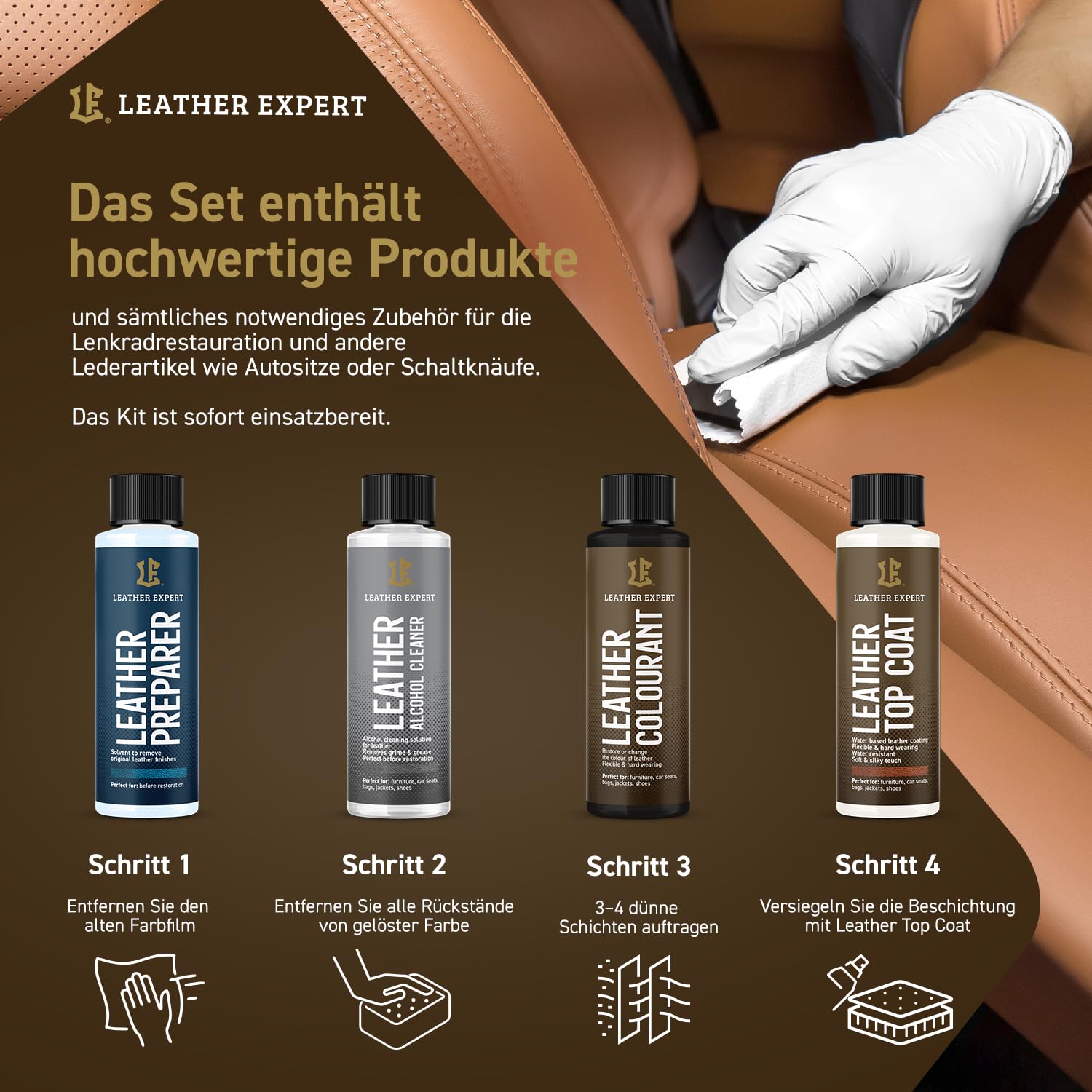 Set per la cura e la ristrutturazione del volante in pelle - Kit per la preparazione del volante in pelle per auto, per proprietari di auto – con colorante per pelle, vernice per pelle, detergente