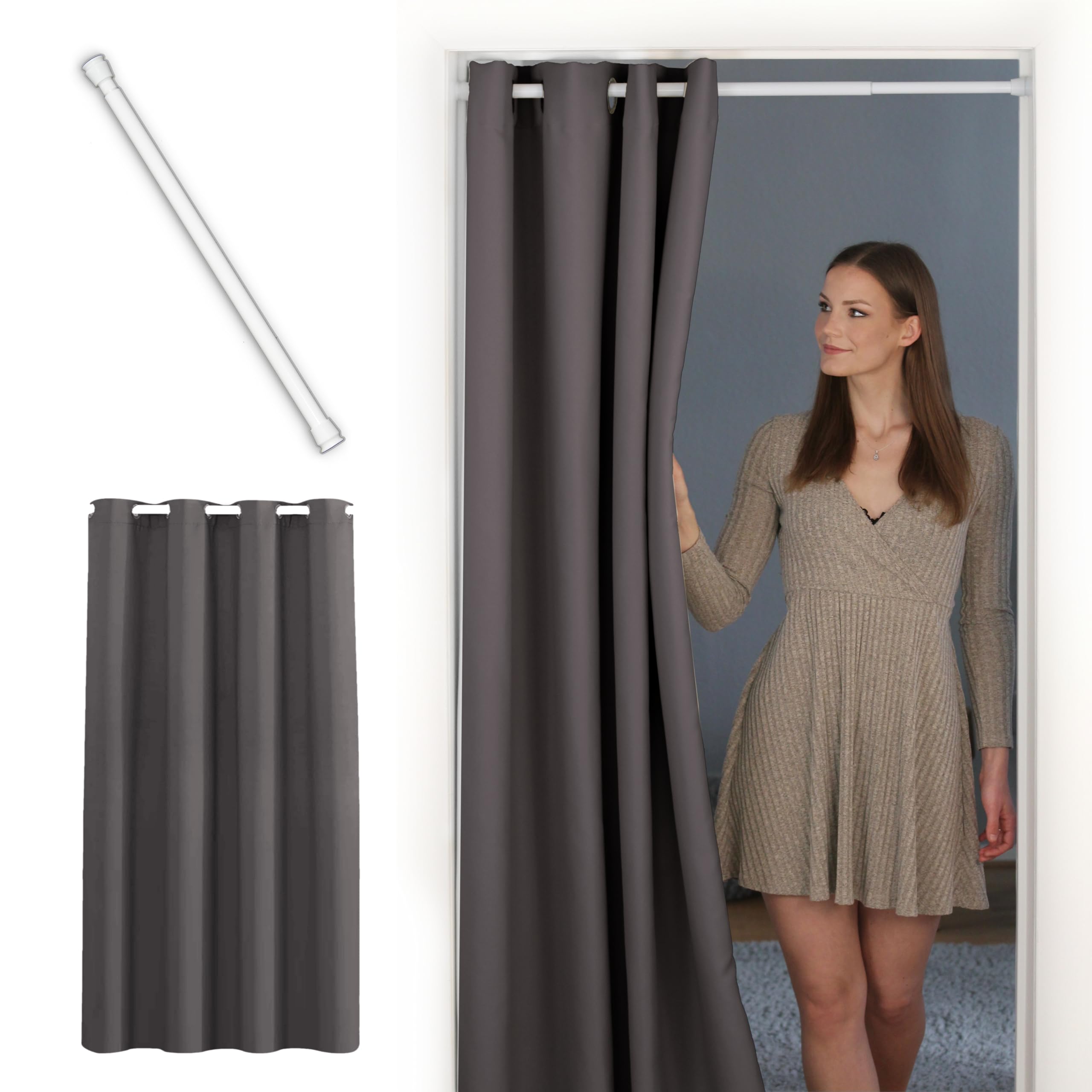 tinycurtains, Thermo Türvorhang mit Teleskopstange, einfache Montage in nur 1 Minute ohne Bohren (Türgardine grau H210 x B150 cm + Stange weiß B70-120 cm)