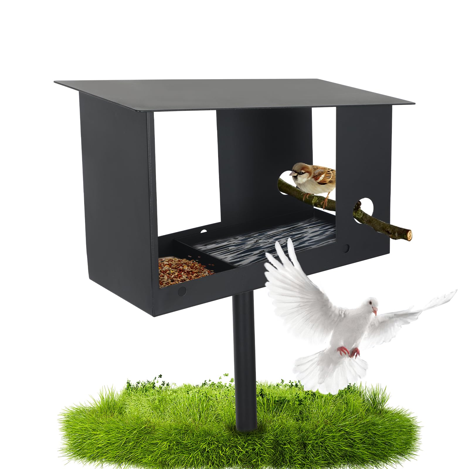 Vogelhuisje met standaard, metalen vogelvoederstation, 3-in-1 vogelvoederbak, weerbestendig vogelhuis, wilde vogelstation, vogelvilla, staande vogelvoederbak voor buiten, tuin