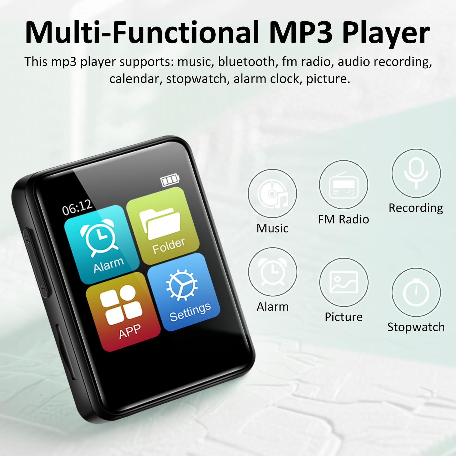 Lecteur MP3 1,8" avec Bluetooth, lecteur de musique numérique 32 Go pour enfants, mini lecteur MP3 Bluetooth portable avec haut-parleur sans perte de son avec radio FM, enregistreur vocal, prend en