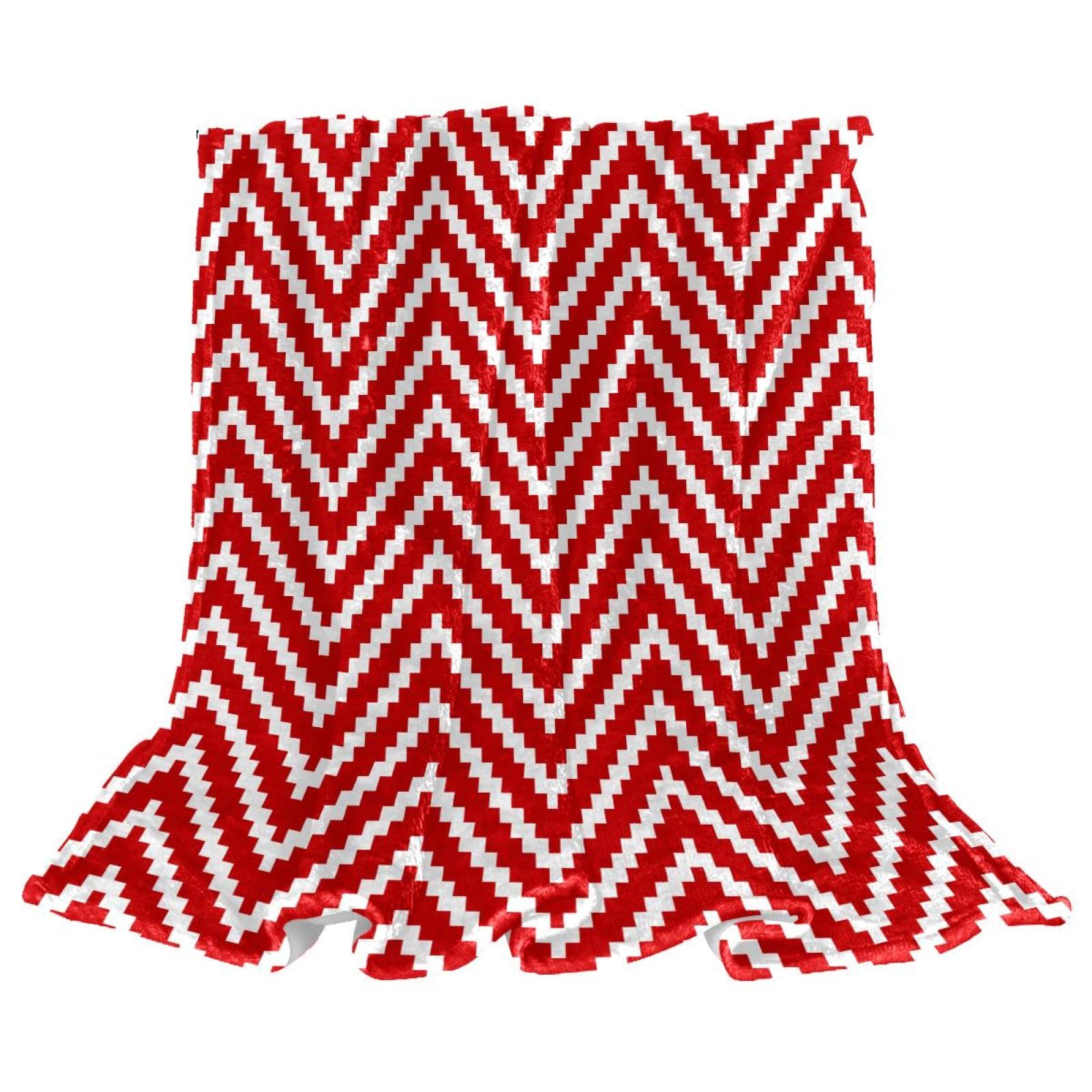 Fleece Throw Blanket Red & White Triangle Stripe Knit-01 for Couch Lightweight Plush Fuzzy