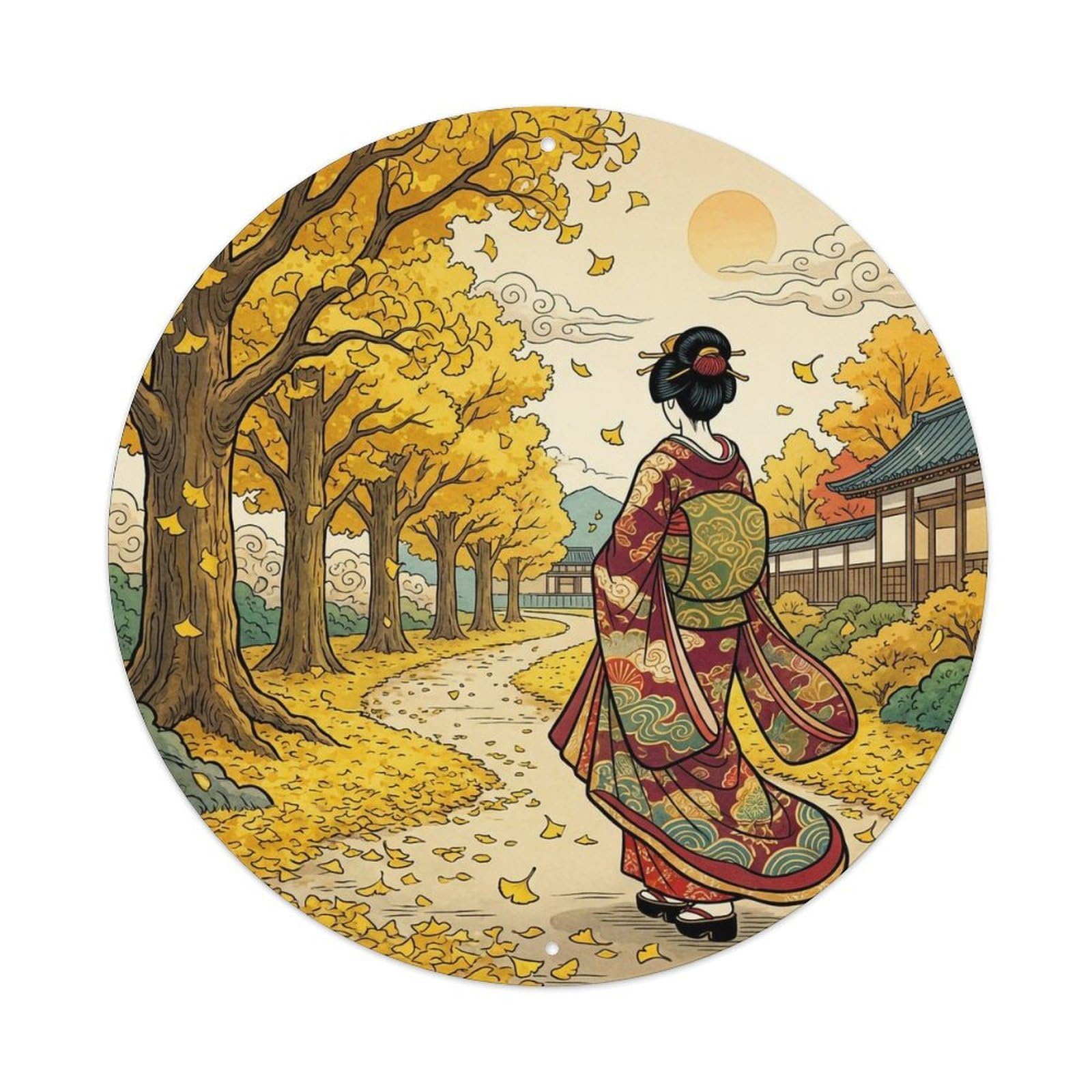 Yrnq 8X8inch Vintage Style Japanese Geisha Ginkgo Path Walking Golden Leaves Metal Tin Sign