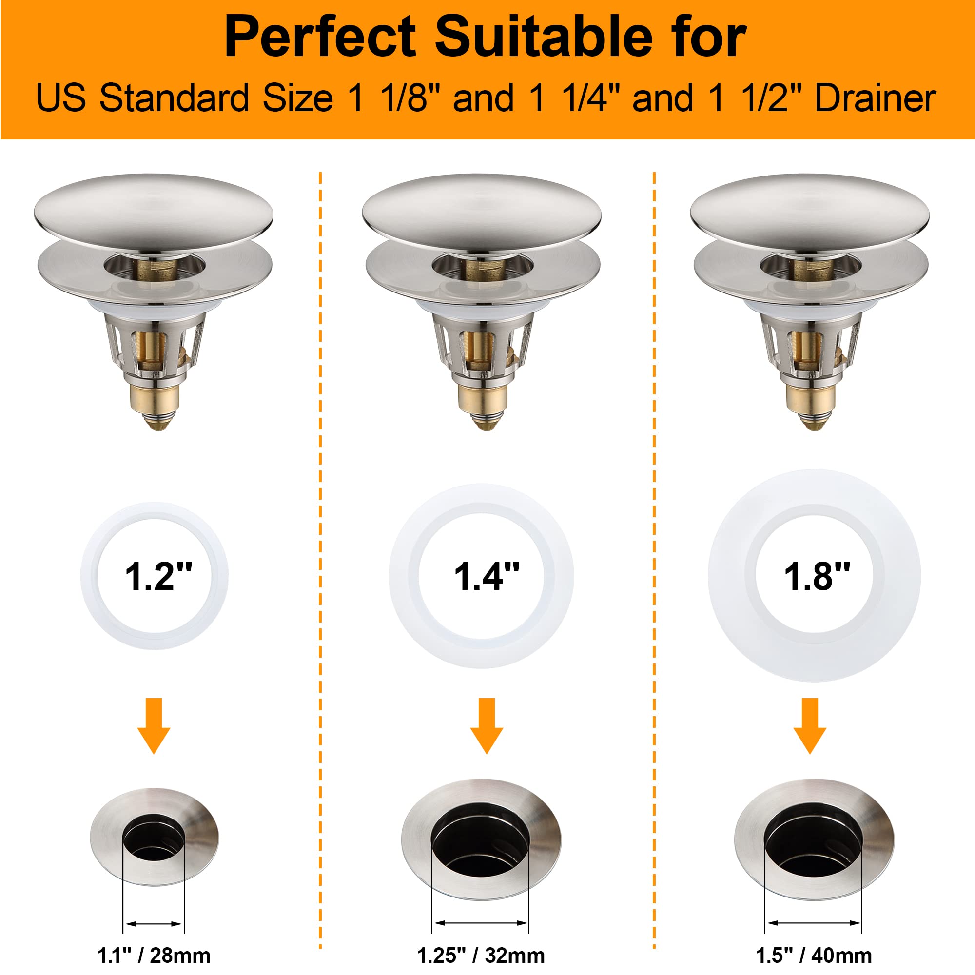 Tappo per Lavandino, 3 in 1 Filtro Lavandino, Valvola di Scarico a Scomparsa, Universale Guscio in Acciaio Inossidabile,Design Anti-Intasamento, Facile Installazione(A