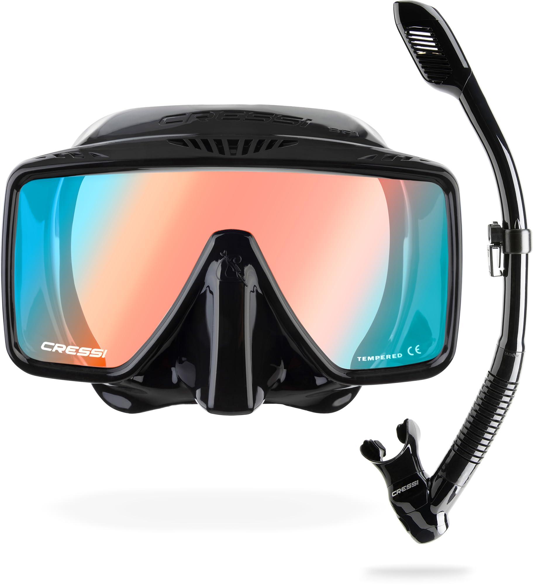 Cressi SF1 Frameless Mask & Dry Snorkel Combo - Low-Volume Design for Diving Equalisation - Dry-Top Snorkel Splash Guard - Soft Skirt Snorkelling Fit - Black/380 UV Blue Orange Glass