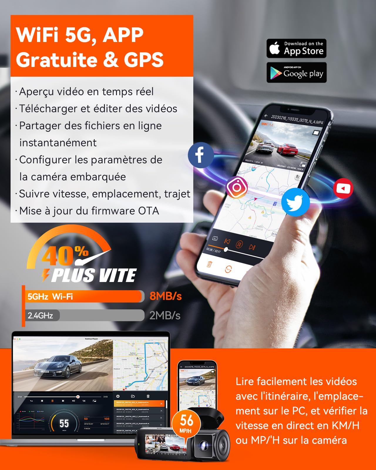 VANTRUE N5 4-Canaux Dashcam 2.7K+3x1080P HDR, 360 degrés STARVIS 2 Camera Voiture Avant Arriere, 5GHz WiFi GPS Caméra Embarquée Infrarouge, Contrôle Vocale Français 24h. Mode Parking Tampon, Max 512G