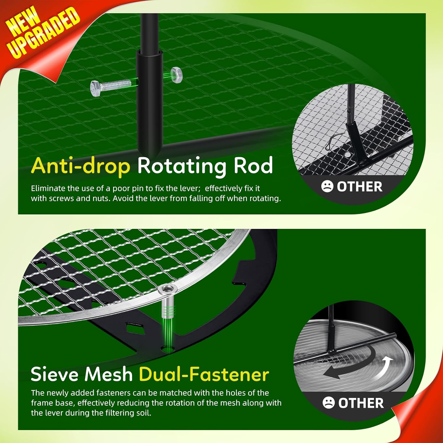 2026 Upgraded Rotary Garden Soil Sifter Compost Sieve, Steel Garden Sieve with 4 Replaceable Fixed Mesh Sizes 3/6/9/12 mm, Sand Rocks Dirt Compost Kit Includes Shovel & Gloves for Soil and Stones