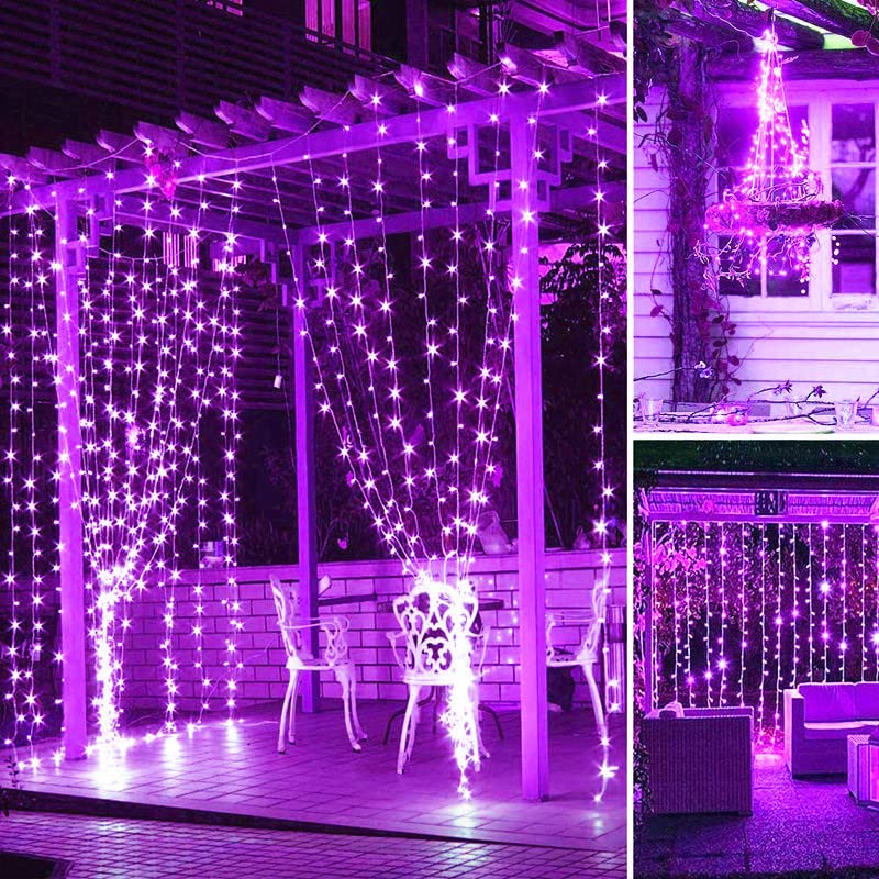QQY Solar Curtain Light, 3m x 3m 300 LED 8 Modes Remote Control Waterproof Solar Fairy Lights Outdoor Curtain String Lights for Gazebo Patio Party Festival Decorations (Purple) — image 1