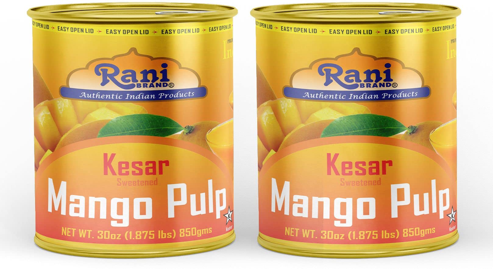 Rani Mango Pulp Puree (Makes Mango Lassi Shakes) Kesar Sweetened 30oz (1.875lbs) 850g Pack of 2 ~ Kosher | All Natural | NON-GMO | Vegan | No colors | Gluten Friendly | Indian Origin