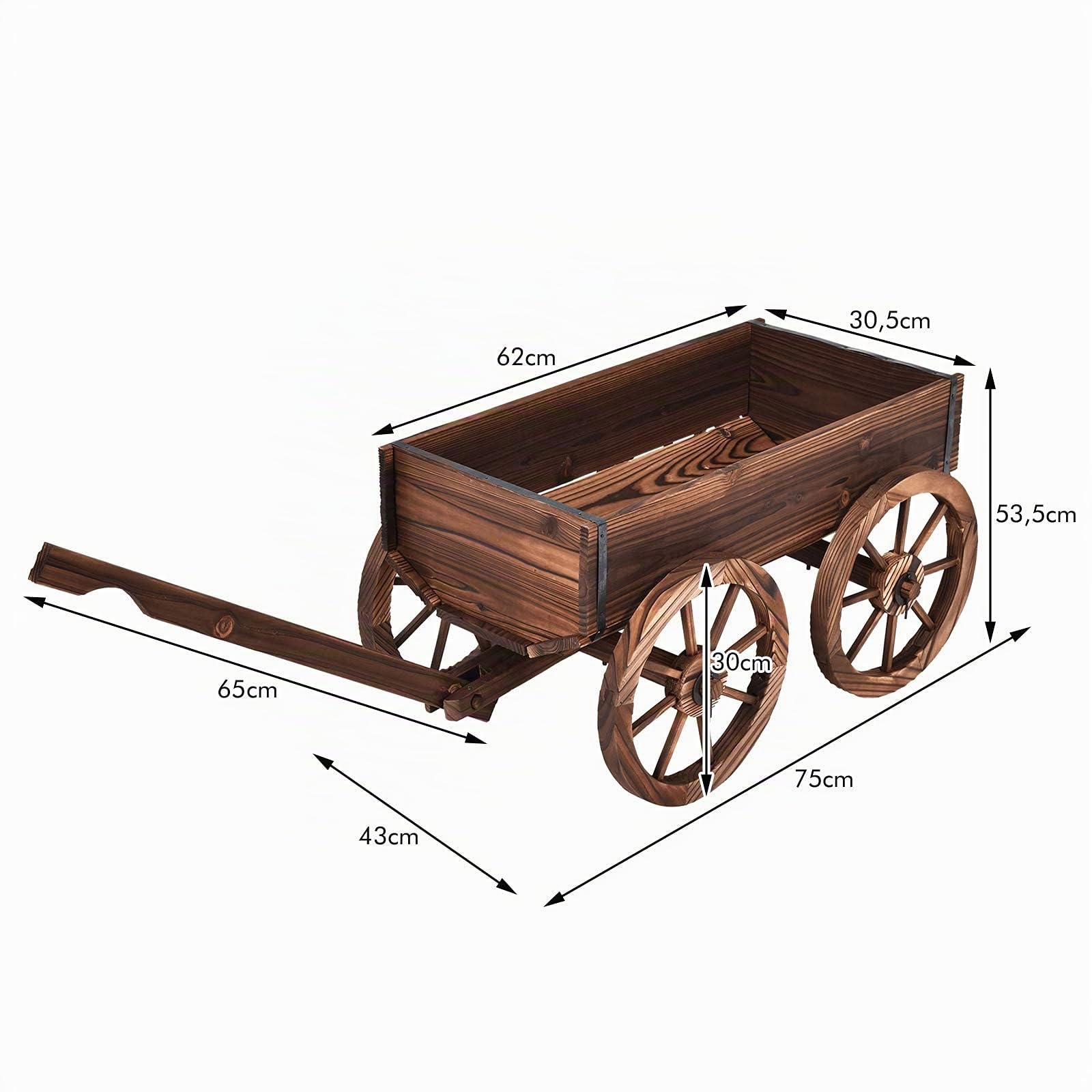 GOPLUS Brouette à Fleurs en Sapin Carbonisé avec Poignée Réglable et 4 Roues,Chariot à Fleurs avec Trou de Drainage, Idéal pour Patio, Jardin, Terrasse, 120 x 43 x 53,5 CM, Marron