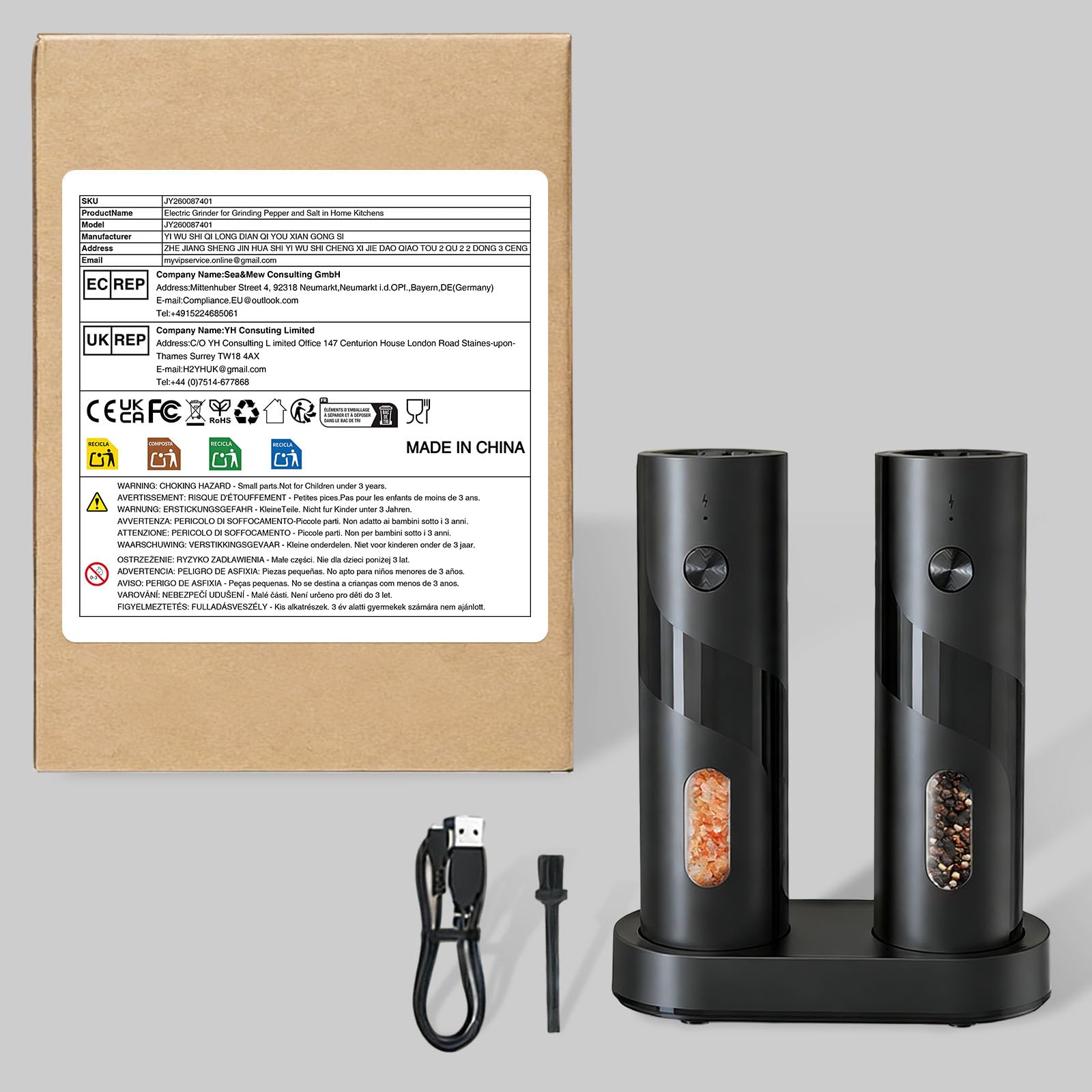 Set di 2 saliera e pepiera elettriche ricaricabili | Set macinasale e pepe elettrico con stazione di ricarica USB-C, macinaspezie elettrico per spezie secche