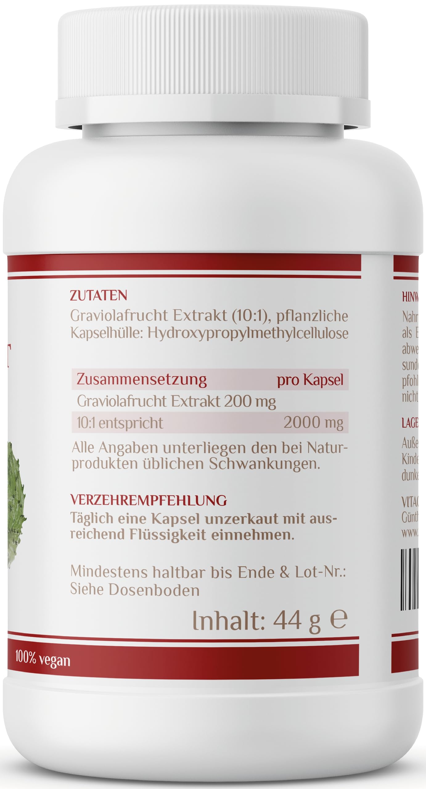 Vitaconcept I Graviola Extrakt 2000 mg I 180 Kapseln I hochdosiertes Graviola 10:1 Fruchtextrakt I vegan I laborgeprüft