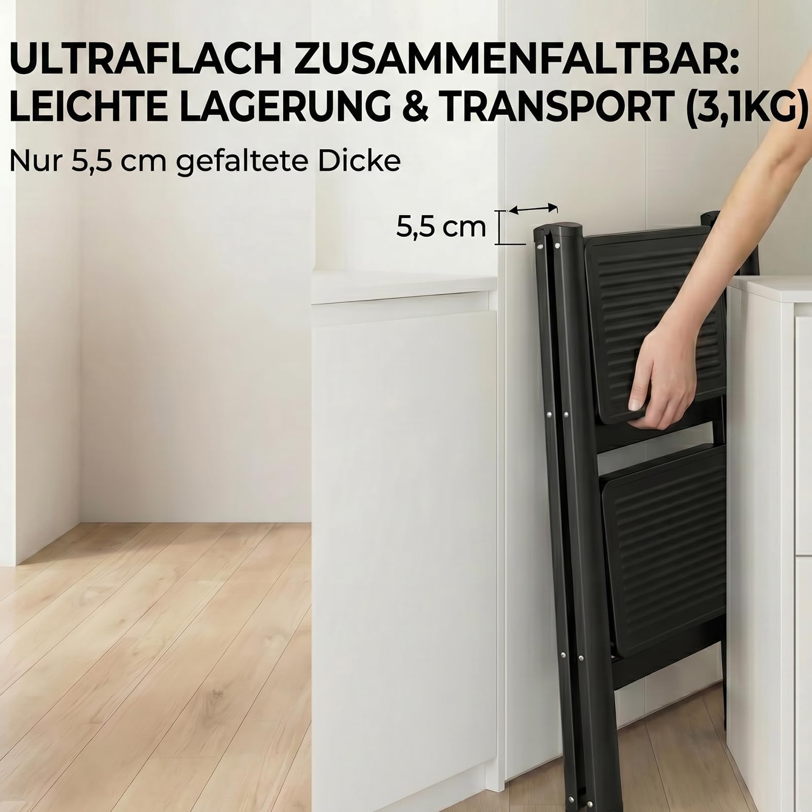 Escabeau pliable à 2 marches avec large pédale antidérapante, marchepied d'une capacité de 150 kg, pour la maison, le garde-manger, l'intérieur et l'extérieur (2 marches)