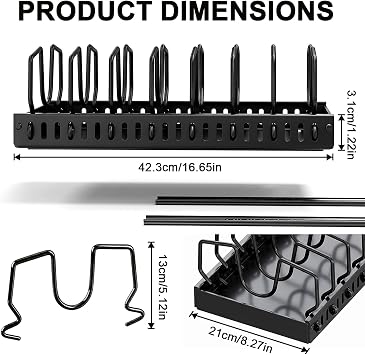 2 Pack Pull Out Pots and Pans Organiser for Cupboard, 43CM Expandable Pan Lid Holder with 16 Adjustable Dividers, Kitchen Storage Rack for Inside Cabinet/Countertop (Black)