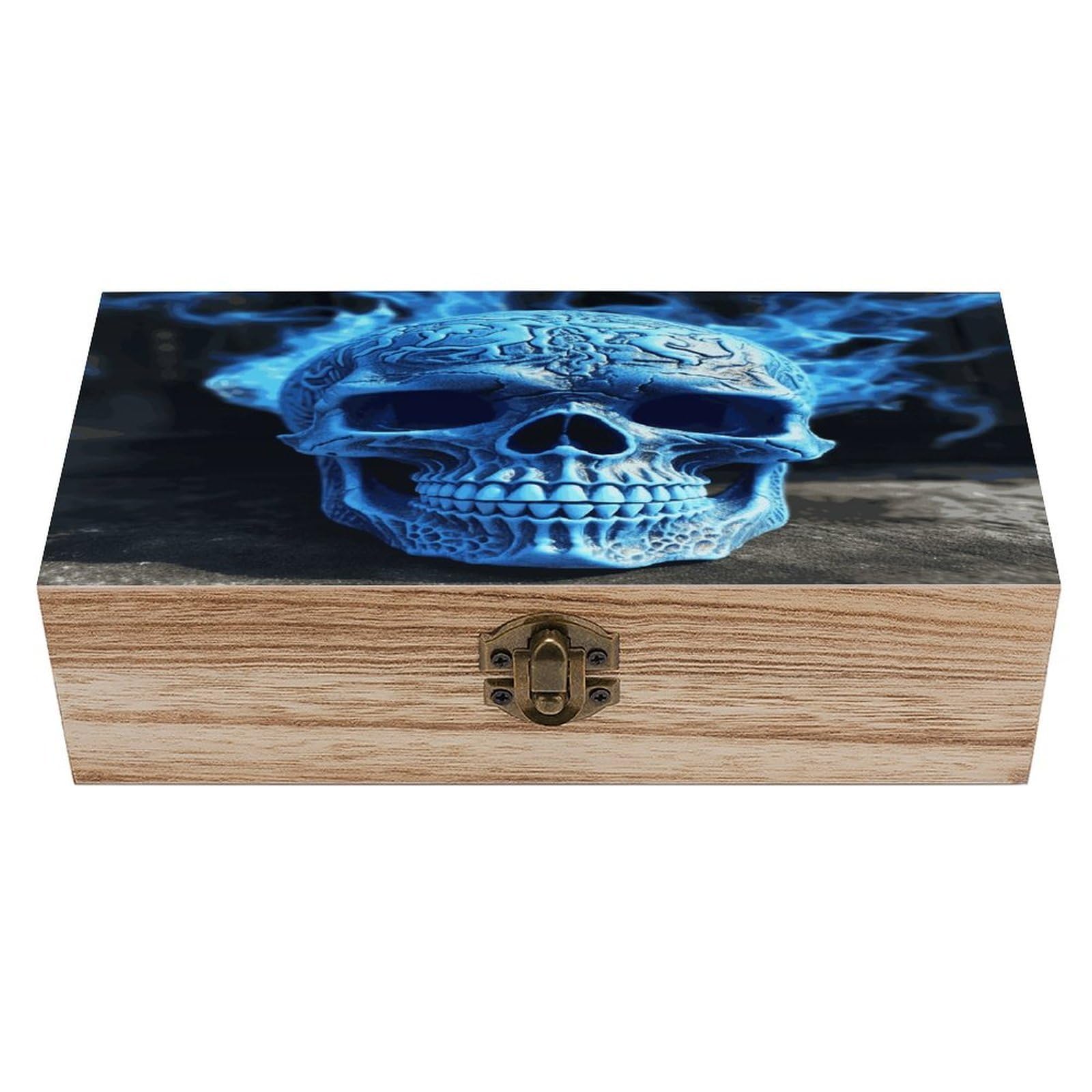 Btcowzrv Style 3D Print Blue Skull Wooden Storage Box, Keepsake Box With Hinged And Retro Lock, Wood Jewelry Organizer For Photos & Mementos And Home Decor