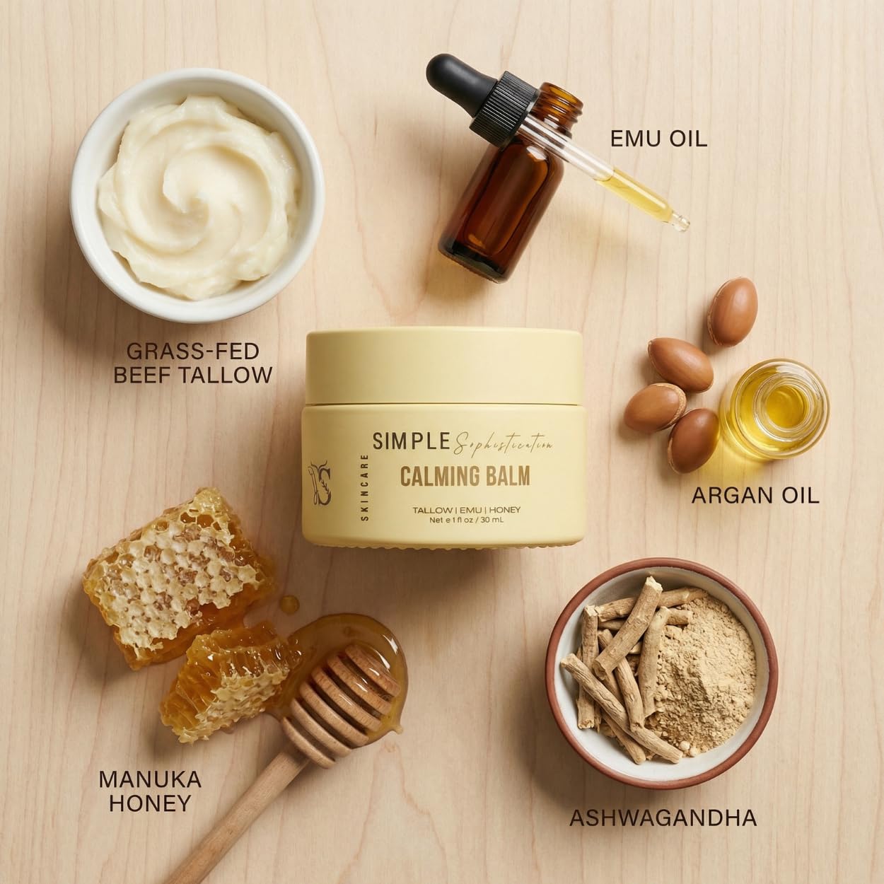 Simple Sophistication Tallow Emu Honey Balm | Nourishing Face & Body Moisturizer with Manuka Honey & Emu Oil, Non-Greasy Natural Skincare (Calming Balm with Ashwagandha + Frankincense)