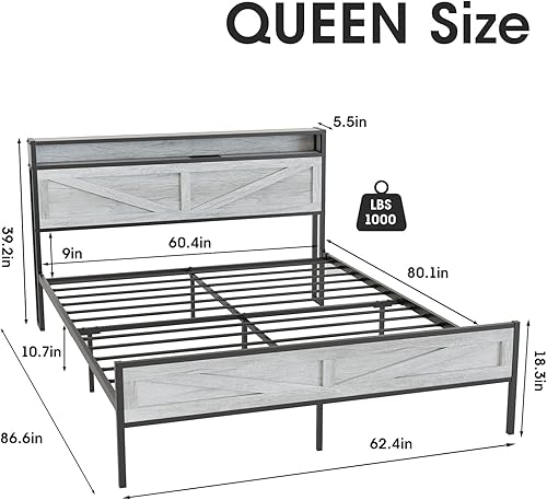 Miniatura 25 de Base de cama LED tamaño Queen con estación de carga y 4 cajones, plataforma de metal con cabecero de puertos USB, marco de cama de granja con luces