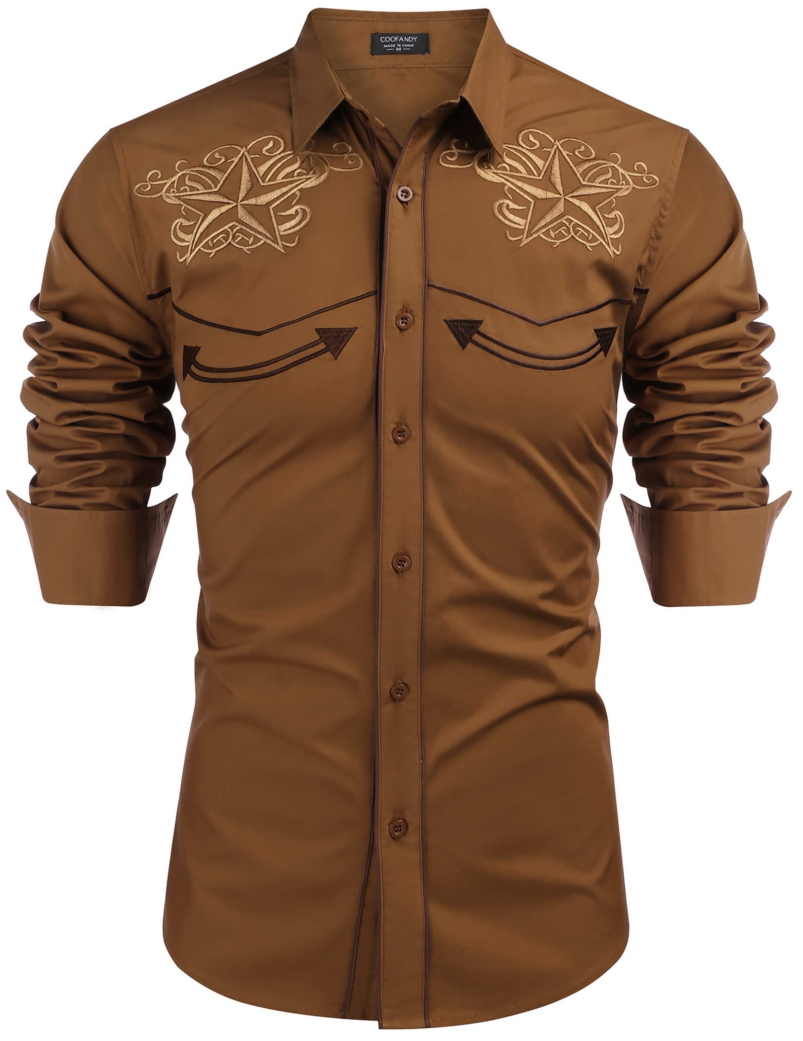Coofandy Men's Western Shirts Long Sleeve Embroideres Cowboy Shirts Casual Button Down Shirt, Brown Star, Large