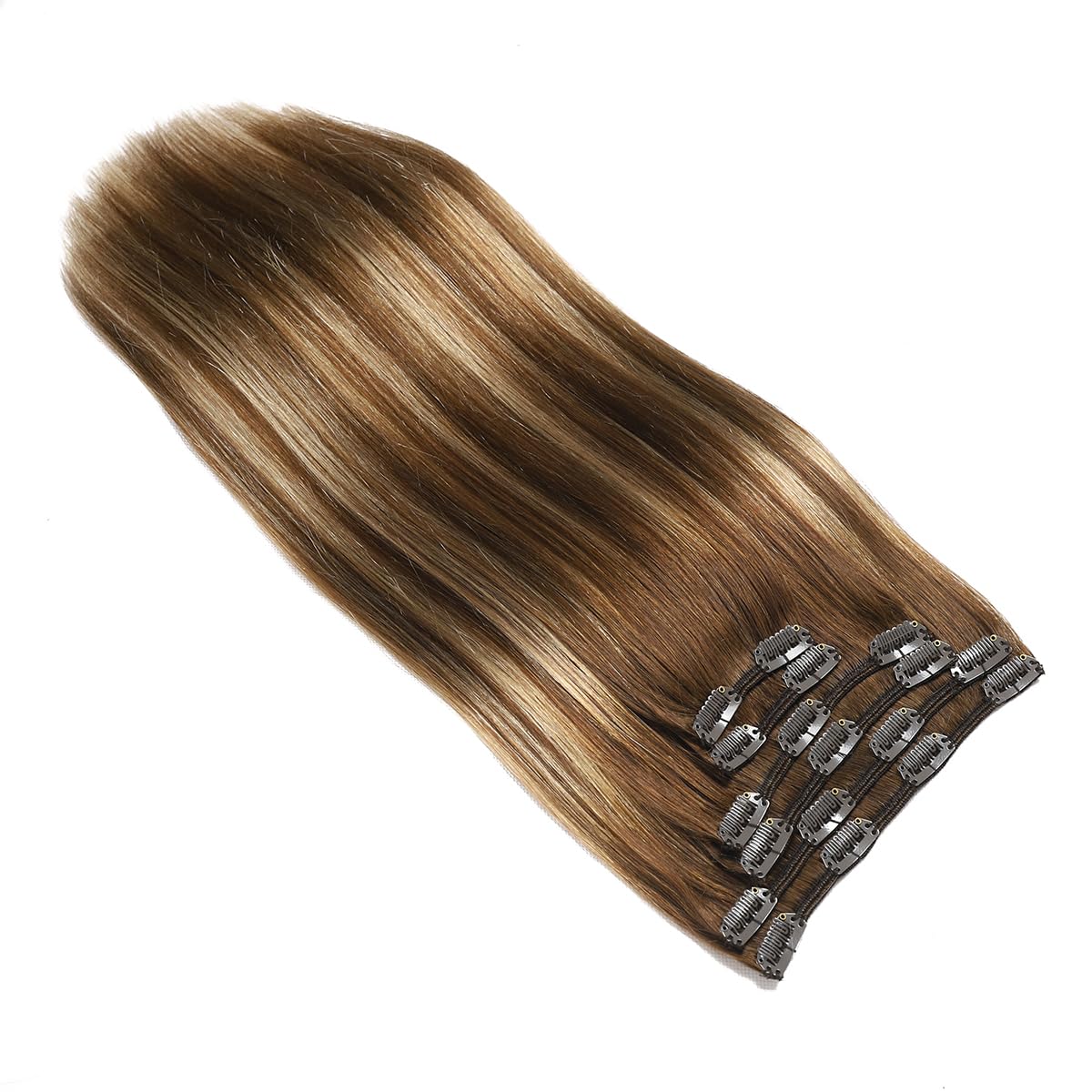 Sindra Clip in Human Hair Extensions Balayage Medium Brown to Caramel Blonde 14 Inch 100g 6pcs Invisible Human Hair Clip in Extensions Silky Straight #4/27/4 14" - Image 3