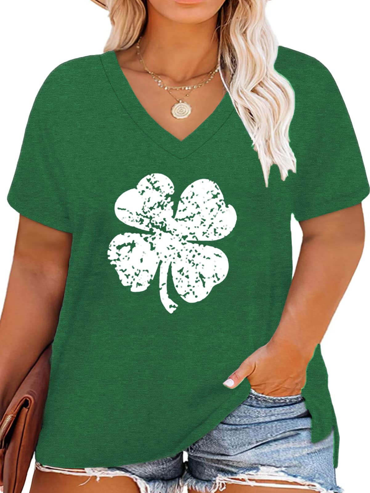 ROSRISS Plus-Size Tops for Women V Neck T Shirts Short Sleeve Side Split Tunics