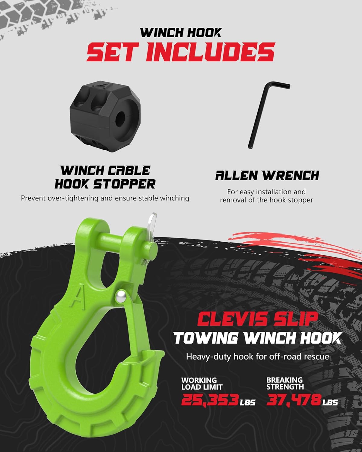 3/8" Winch Hook & Winch Cable Hook Stopper Sets, Heavy Duty Grade 70 Forged Steel Recovery Hook with Safety Latch, Included Allen Wrench,Max 37,478 Lbs, Green - Image 3
