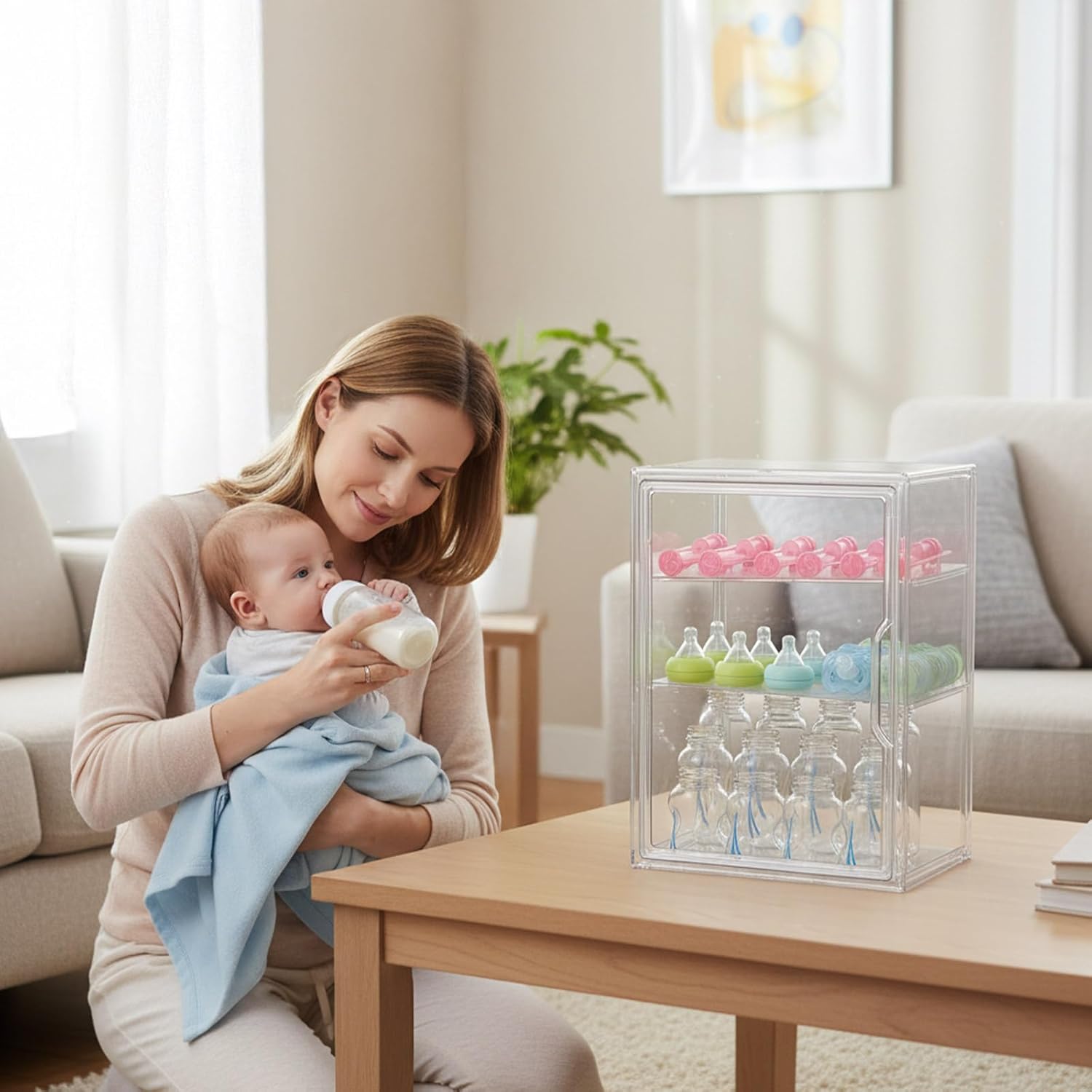 Baby Bottle Organizer for Countertop 3 Tier Bottle Storage Holder Baby Bottles Station Organization Acrylic Case Container with Magnetic Door and Handle for Bottles,Nipples and Pump Accessories Clear