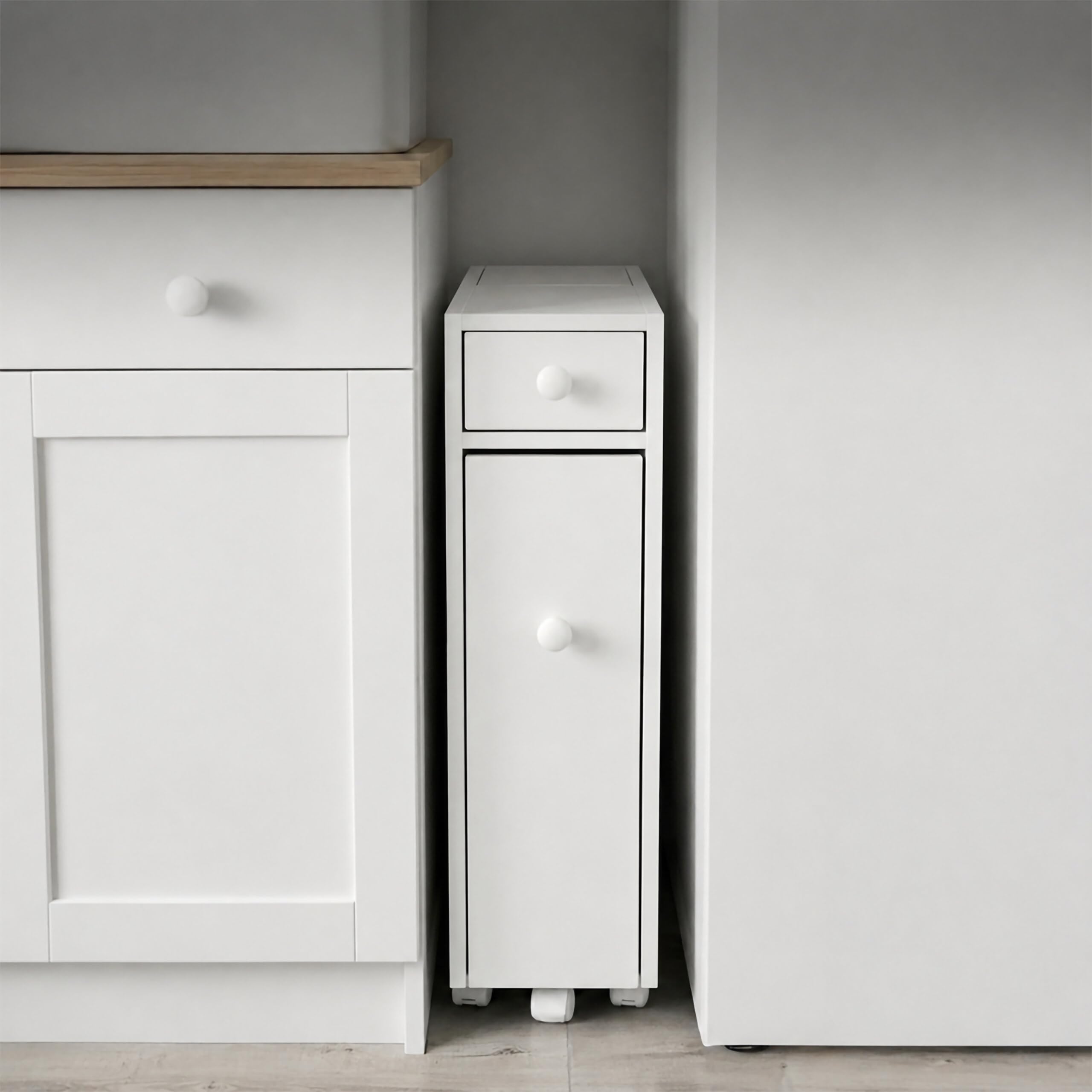 Relaxdays, mobile nicchia rollabile con cassetto e scomparti per bagno e cucina, 62 x 16 x 48 cm, truciolare bianco
