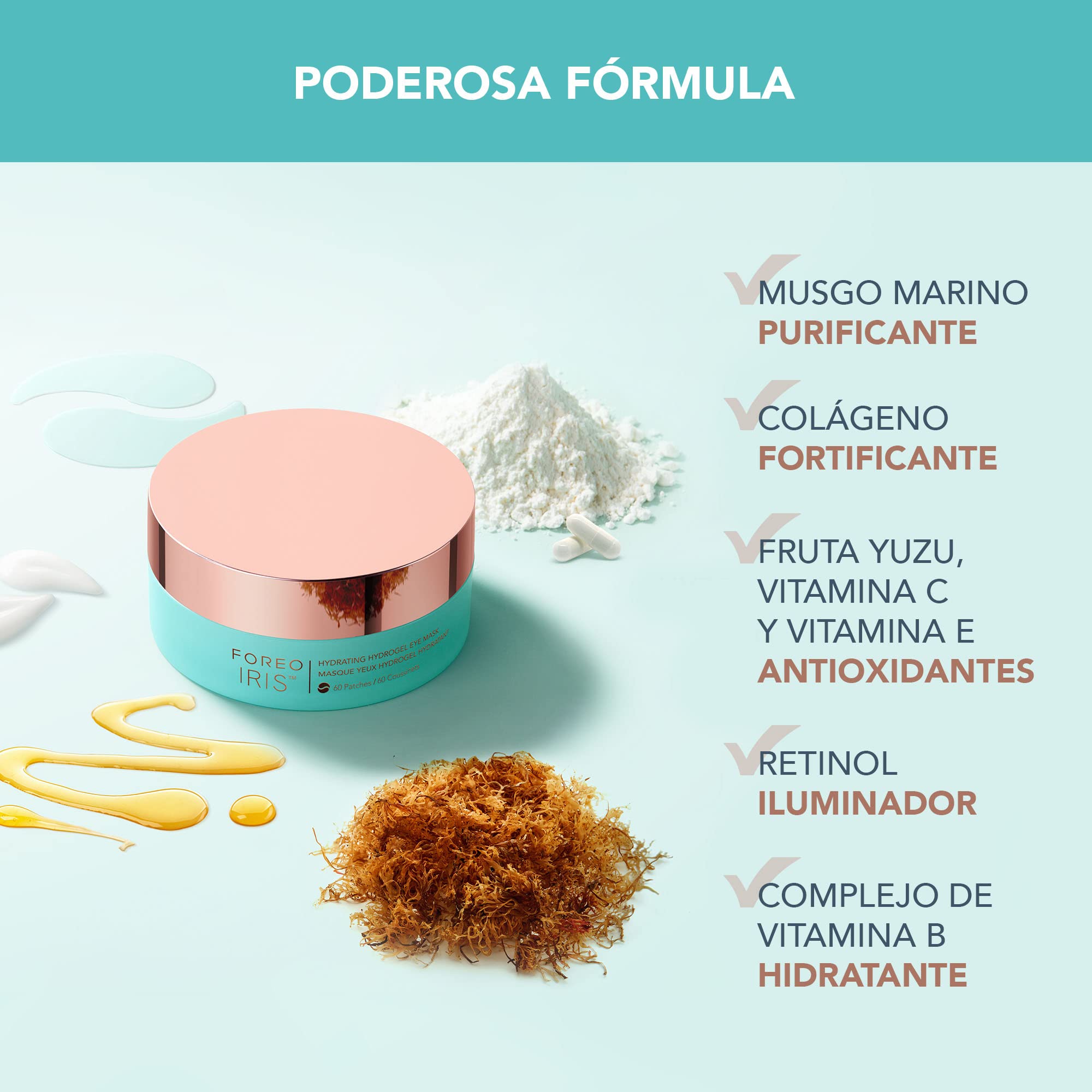 FOREO IRIS Parches Ojos com Colageno - Contorno de Ojos Antiojeras - Vitamina B, Vitamina C y Vitamina E - Retinol - Antiojeras Mujer - Hidratante - Vegano - 60 Parches Ojos Bolsas y Ojeras